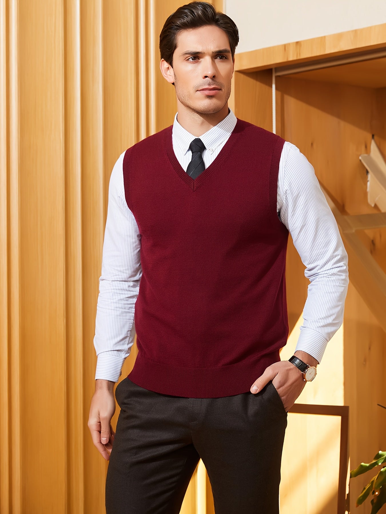 Classic Design Men's Solid Knit V-neck Sleeveless Sweater Vest, Chic And Trendy For Spring And Autumn Daily Leisurewear