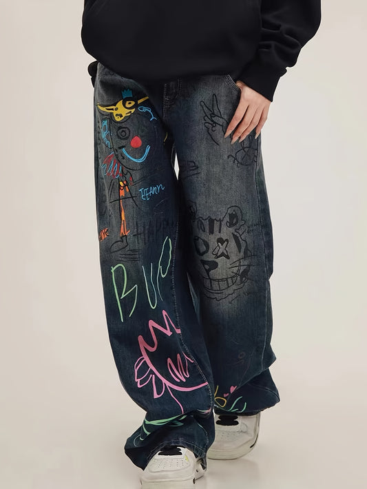 Men's Loose Fit Wide Leg Jeans With Fancy Graffiti Print, Men's Stylish Comfy Denim Pants, Street Style Fashion