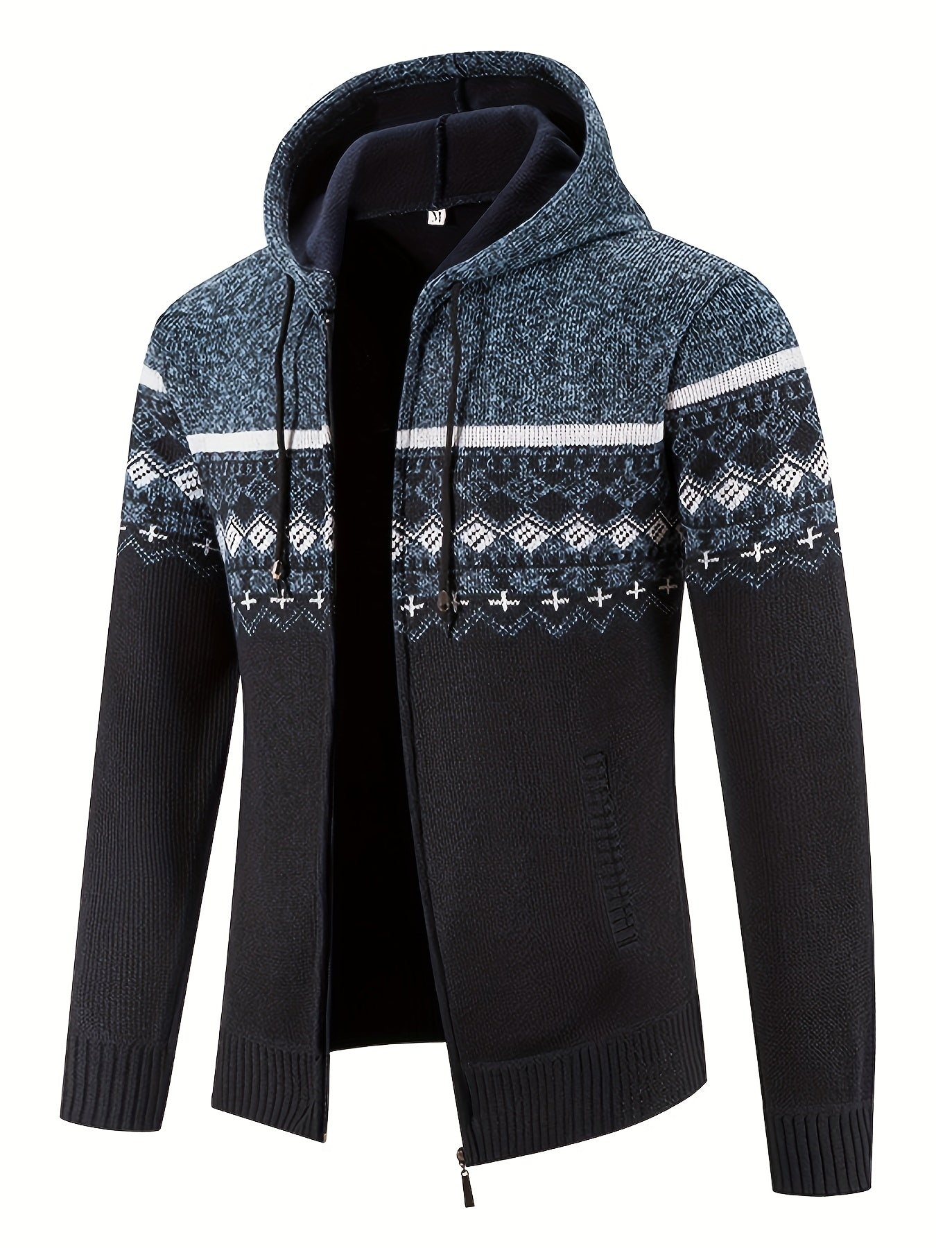 All Match Knitted Color Block Design Hooded Cardigan, Men's Casual Warm Slightly Stretch Zip Up Jacket For Fall Winter