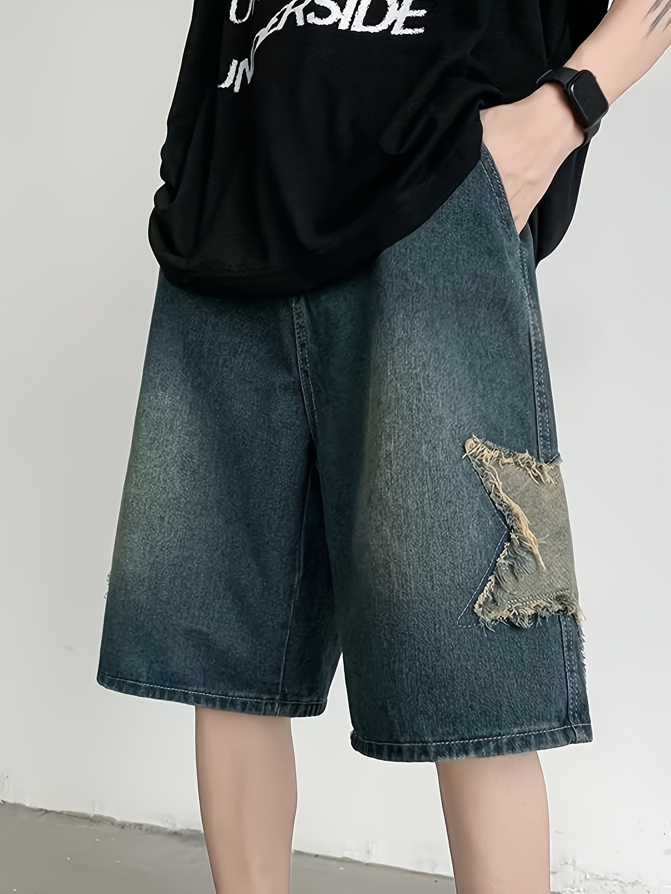 Fashion Embroidery Detail, Men's Casual Loose Fit Denim Shorts, Knee-Length Jorts With Pockets, Summer Street Style Fashion