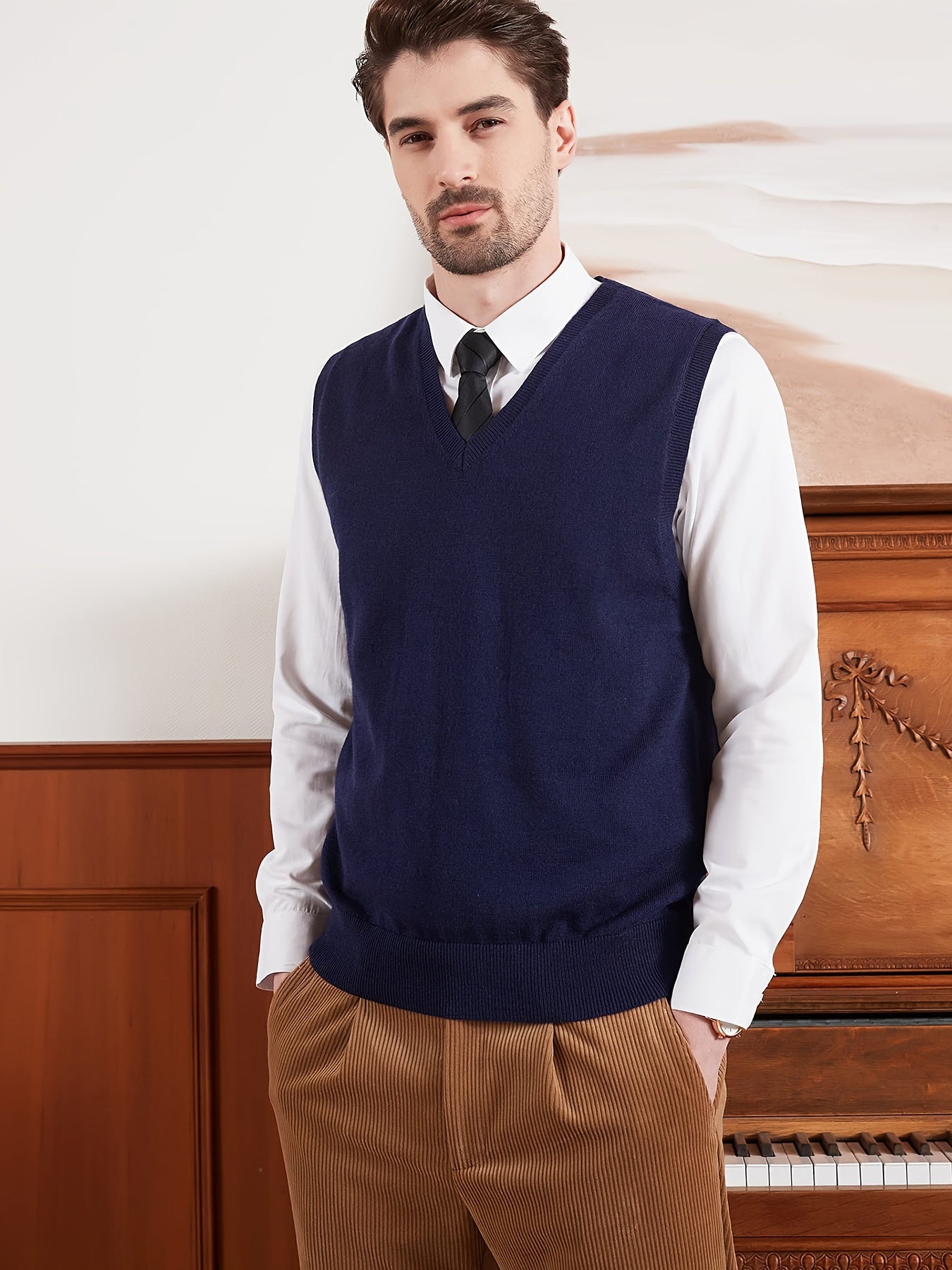 Classic Design Men's Solid Knit V-neck Sleeveless Sweater Vest, Chic And Trendy For Spring And Autumn Daily Leisurewear