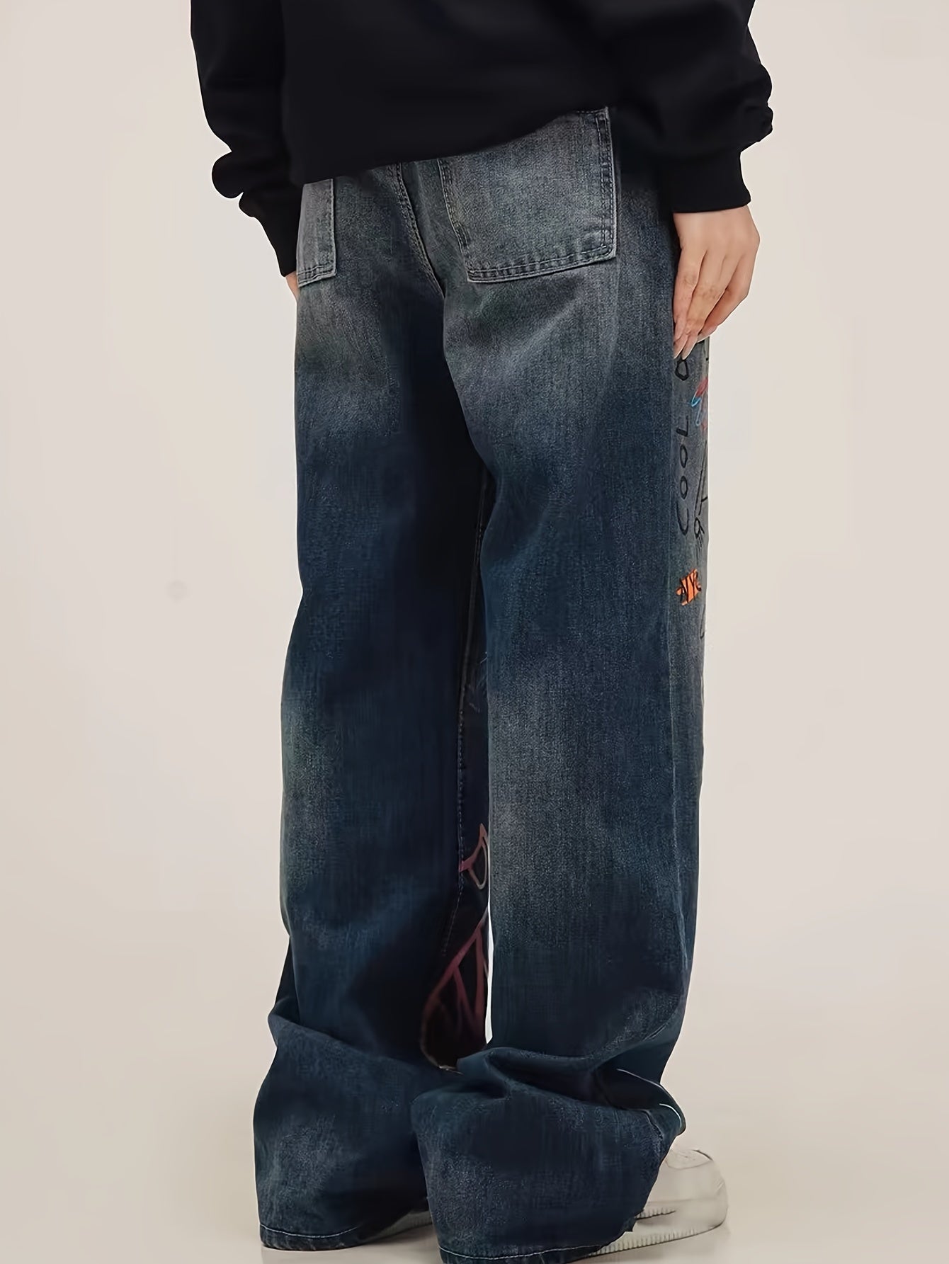 Men's Loose Fit Wide Leg Jeans With Fancy Graffiti Print, Men's Stylish Comfy Denim Pants, Street Style Fashion