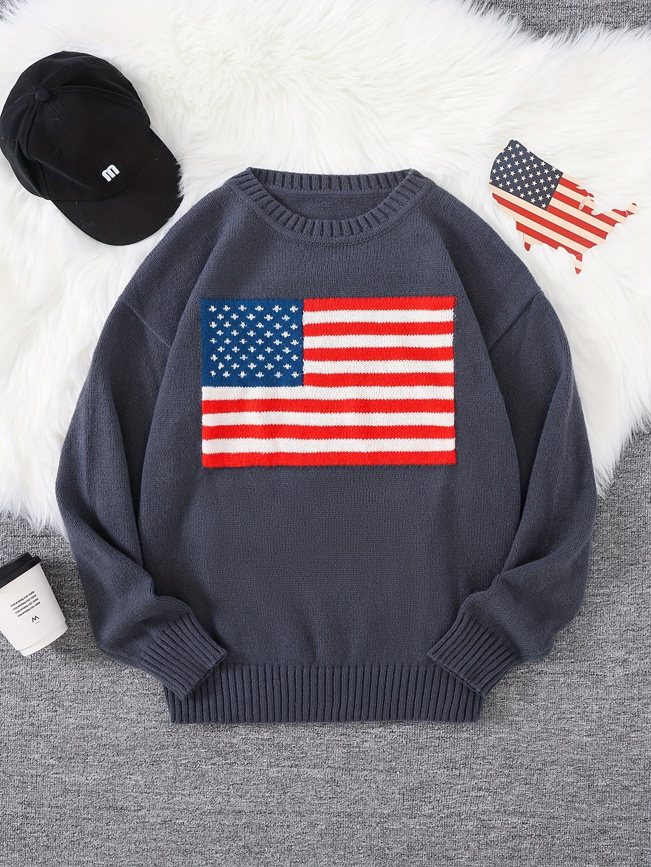 Autumn Fashion Cozy Long Sleeve Pullover Sweater - Soft Crew Neck Knitwear with American Flag Print, Warm and Breathable Outerwear for Daily Wear, Perfect for Casual Occasions - Stylish and Comfortable Top for Men