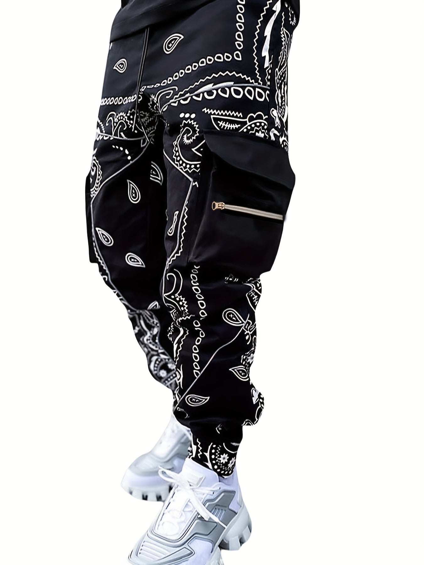 Autumn/Winter Men's Casual Paisley Joggers - Mid Waist, Drawstring, Multi-Pocket Cargo Pants