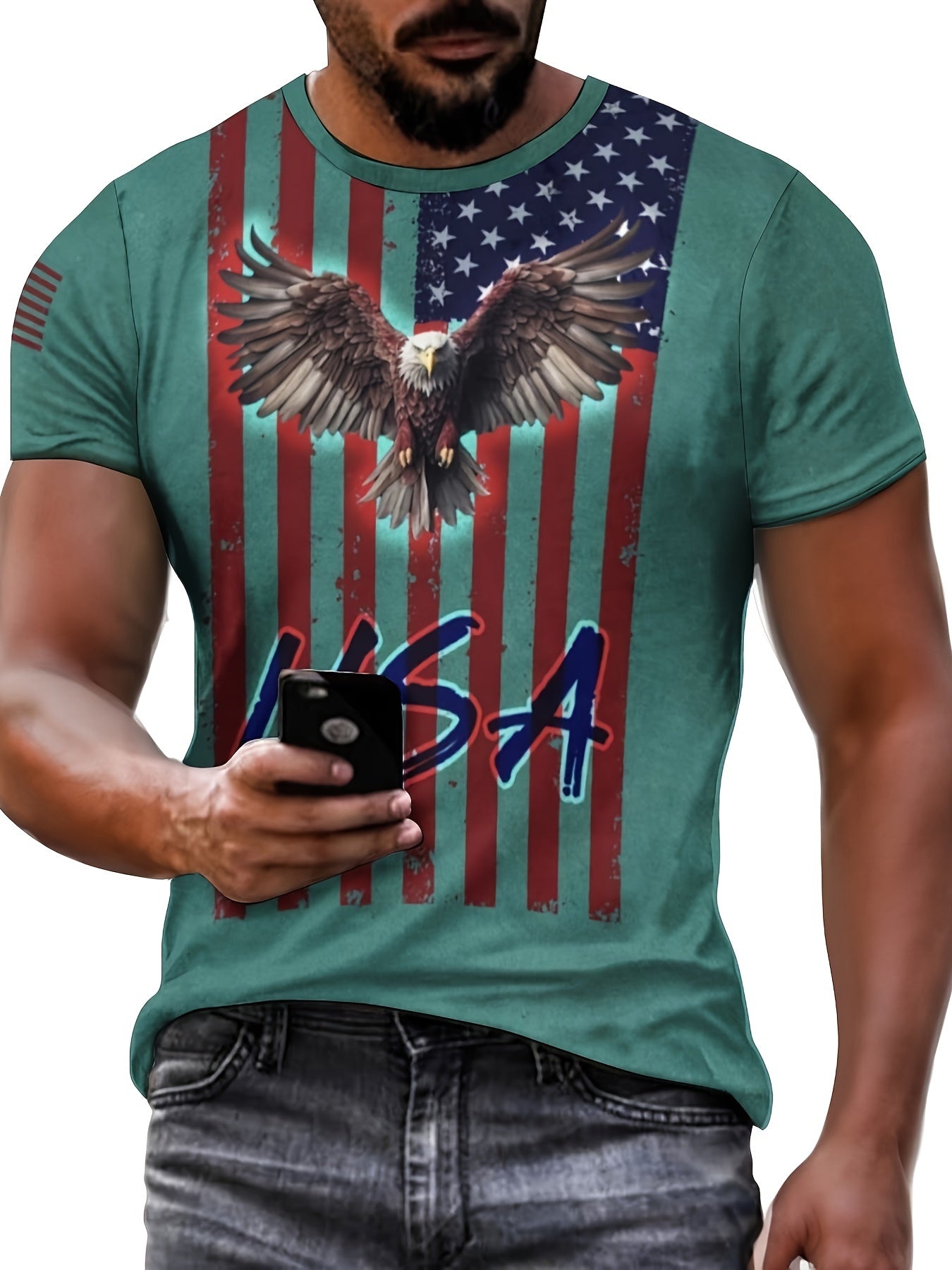 Eagle And Flag Print T-shirt, Men's Casual Street Style Stretch Round Neck Tee Shirt For Summer