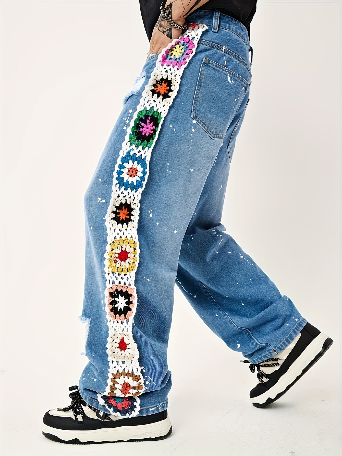 Stylish Bohemian Embroidery Loose Fit Straight Leg Jeans - Comfy Denim Pants with Artistic Details, Classic Five-Pocket Design, and Soft Fabric for a Relaxed Fit - Perfect for Casual Daily Wear