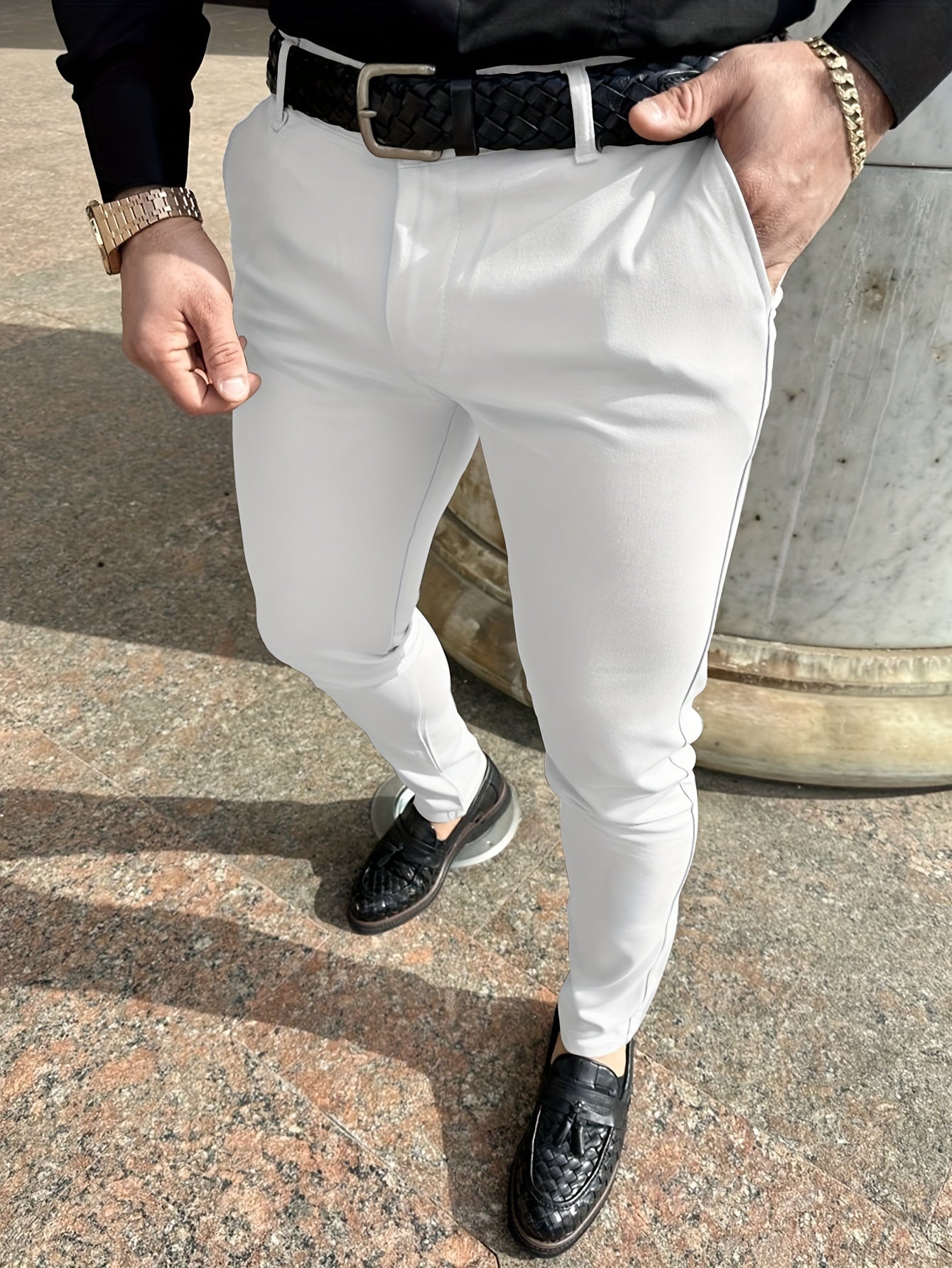 Hundred Foot Solid Color Slim Fit Pencil Pants - Men's Dress Pants for Business Casual Daily Wear - Europe and US Style Fashion, Old Money Inspired, Comfortable and Versatile