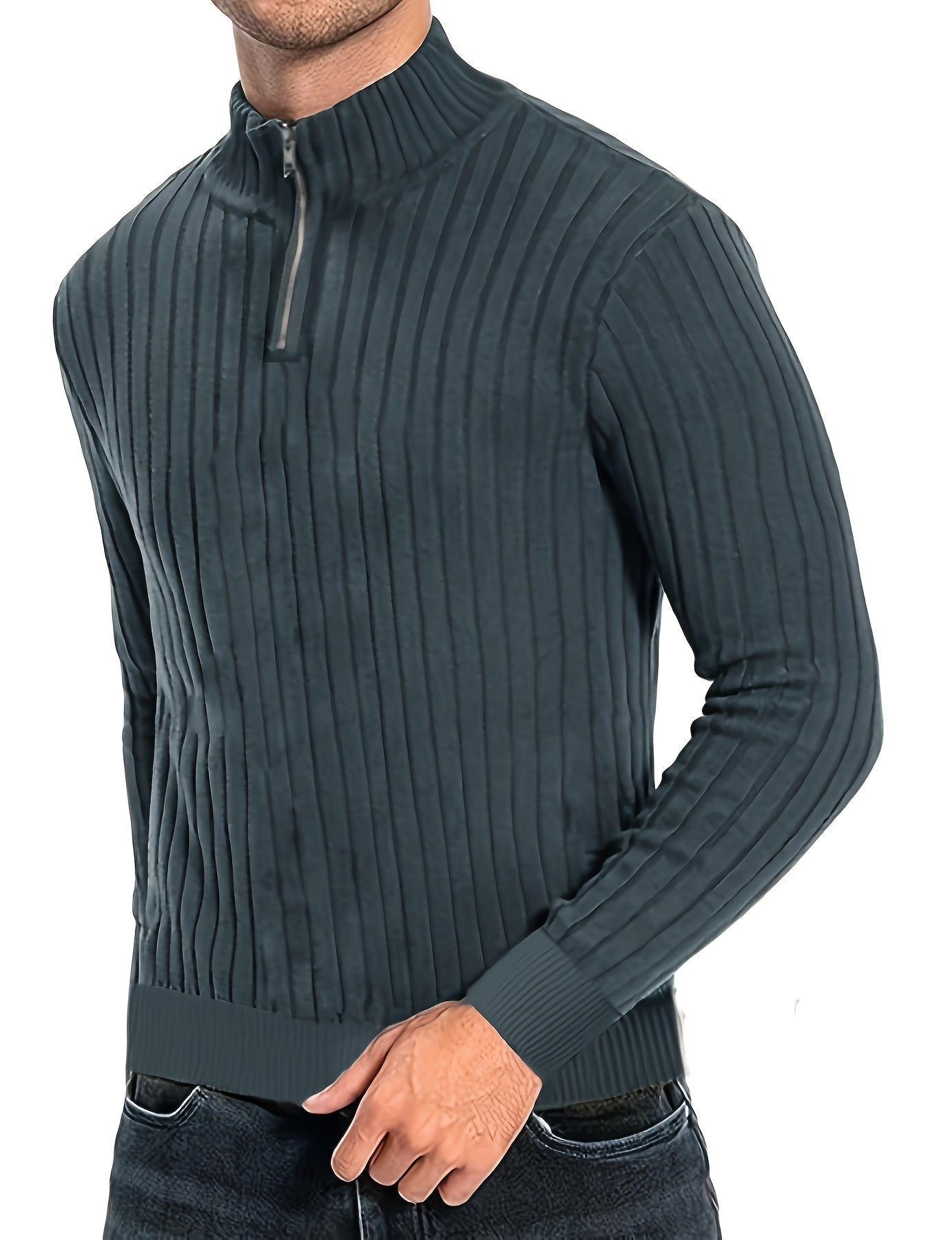 Men's Stand Collar Solid Knit Sweater, Men's Casual Lapel Slightly Stretch V-Neck Pullover Sweater For Men Winter Fall