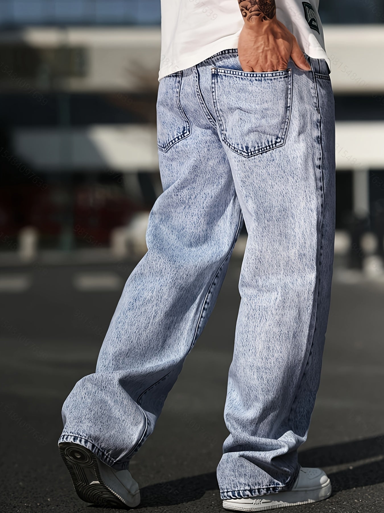 Men's Solid Wide Leg Jeans, Street Style Stylish Causal Denim Pants