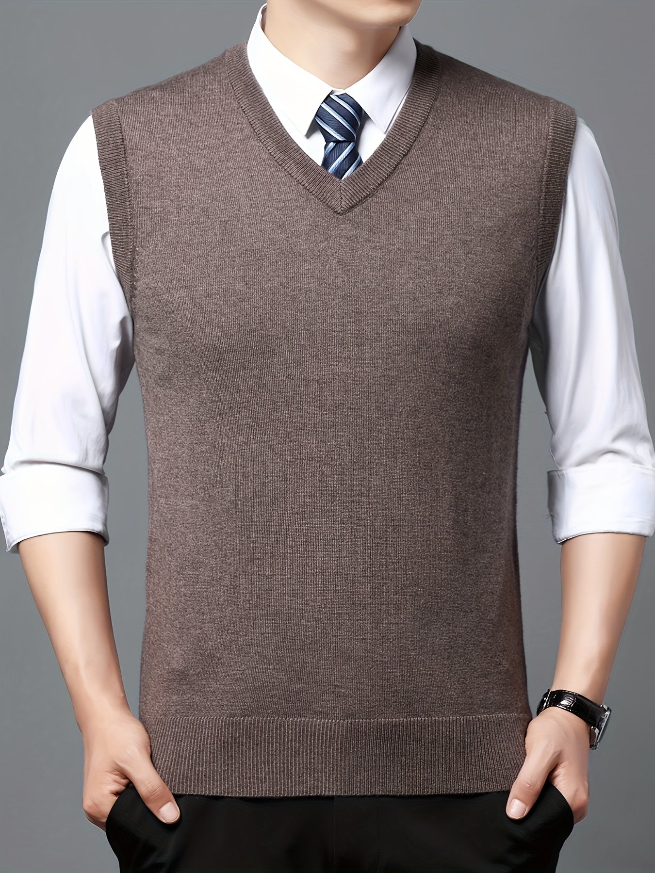 Elegant Slightly Stretch Vest, Men's Casual Vintage Style V Neck Sweater Vest For Fall Winter