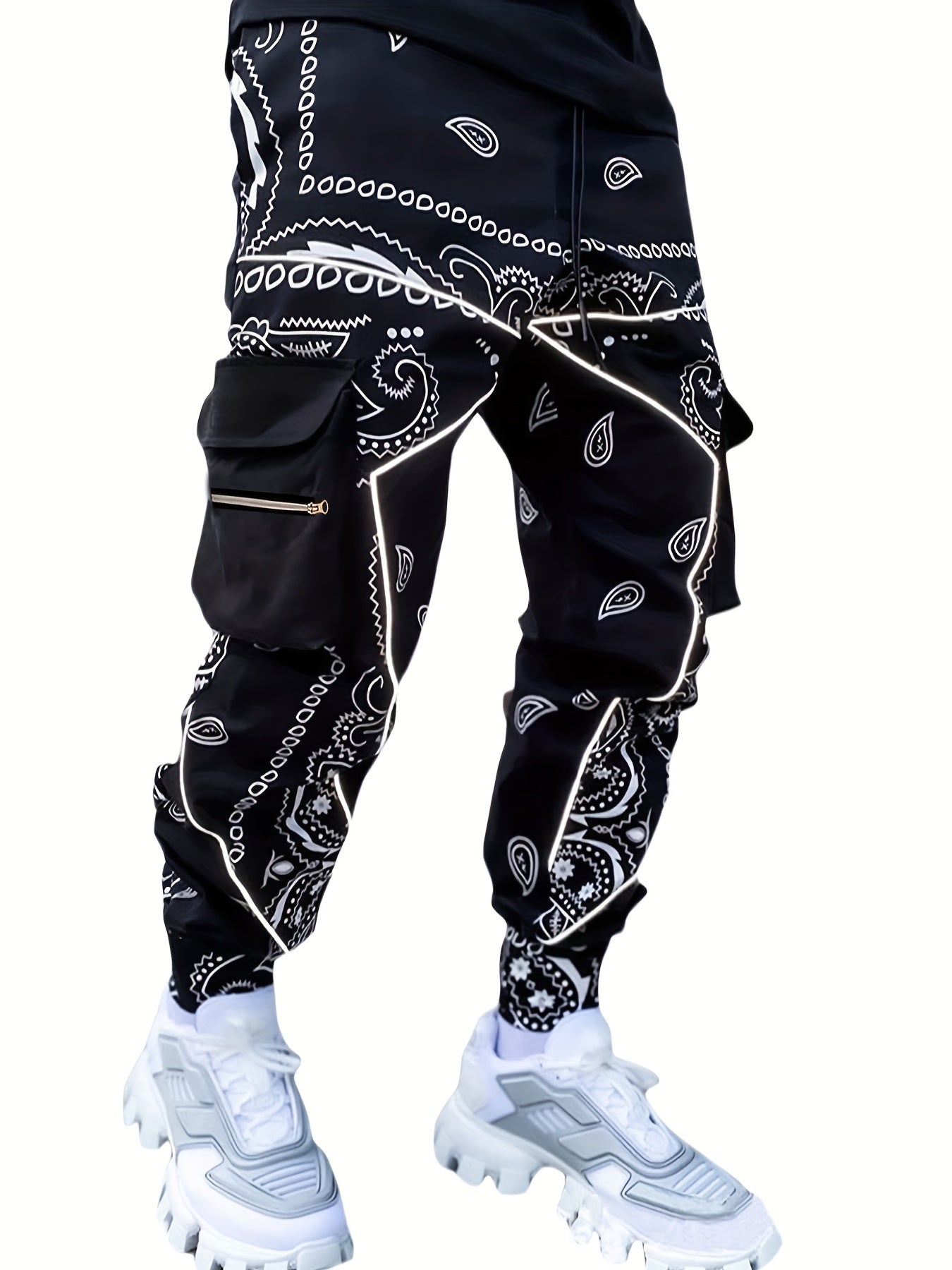 Autumn/Winter Men's Casual Paisley Joggers - Mid Waist, Drawstring, Multi-Pocket Cargo Pants