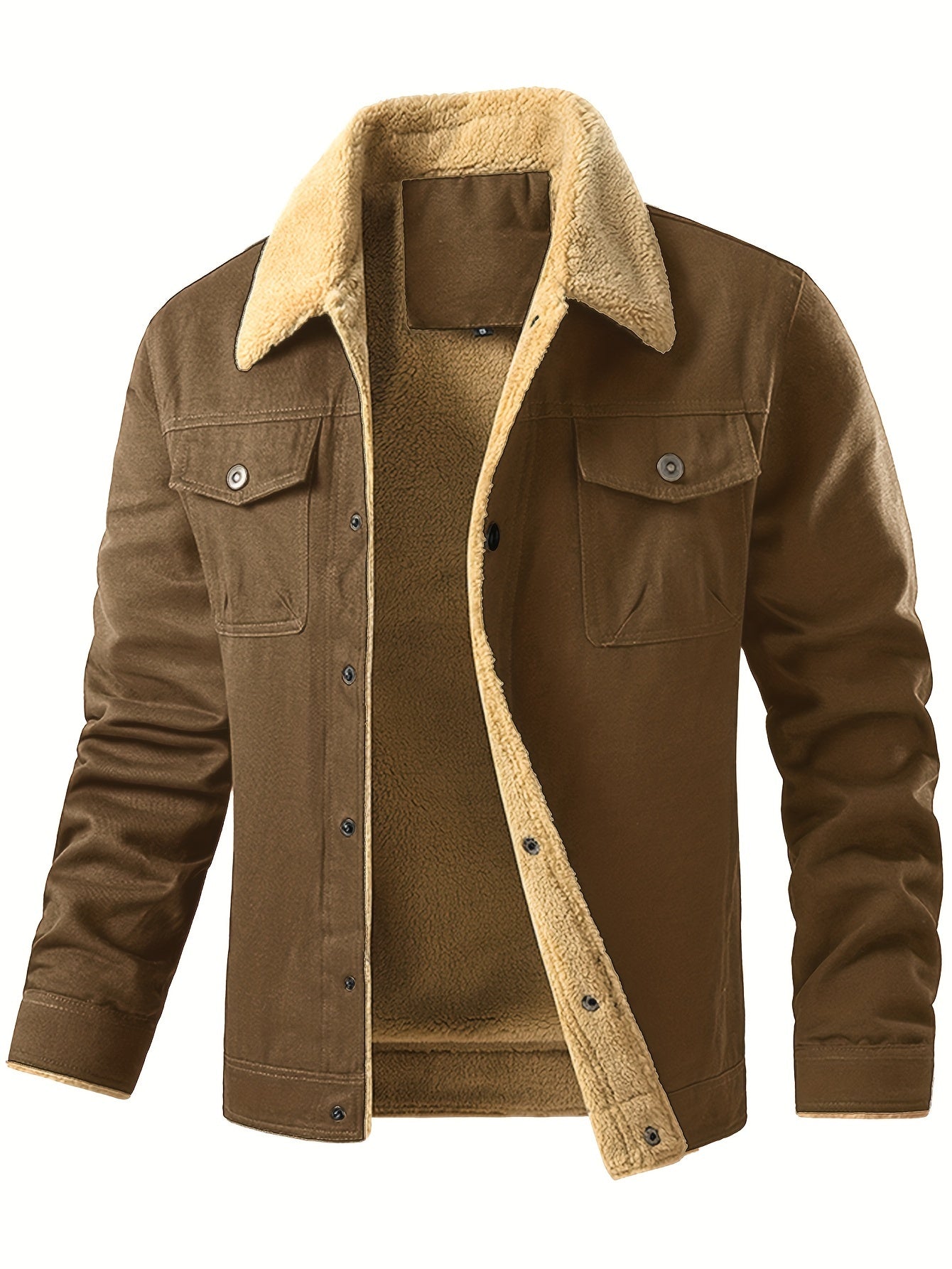 Stylish Men's Fleece-Lined Cotton Jacket - Soft Sherpa Collar, Button-Up Closure, Multiple Functional Pockets for Casual Workwear, Outdoor Activities, and Daily Wear - Premium Quality, Comfortable, and Versatile Outerwear