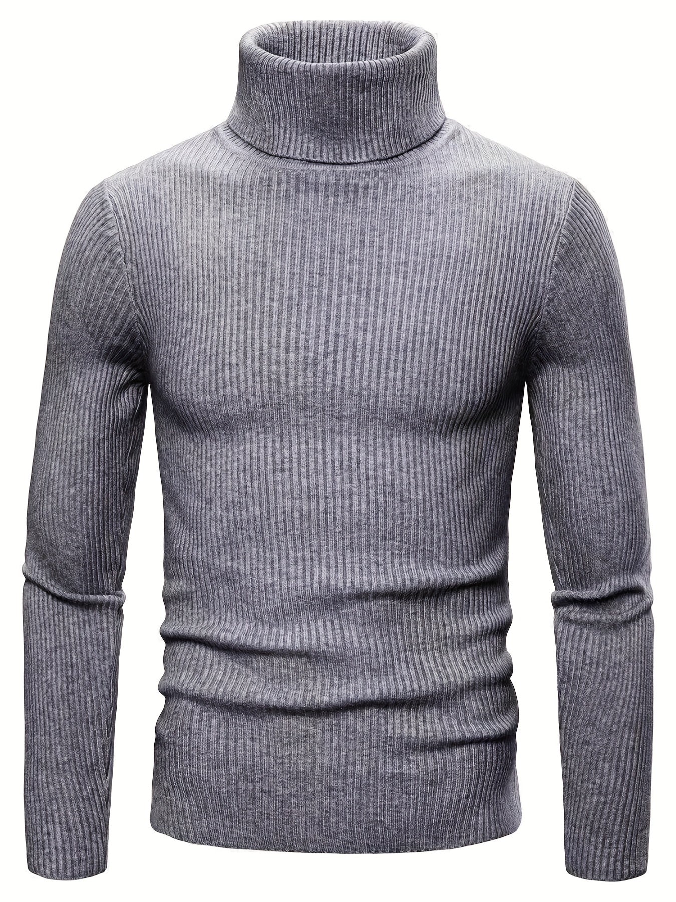 Turtle Neck Knitted Slim Fit Sweater, Men's Casual Warm Solid High Stretch Pullover Sweater For Fall Winter