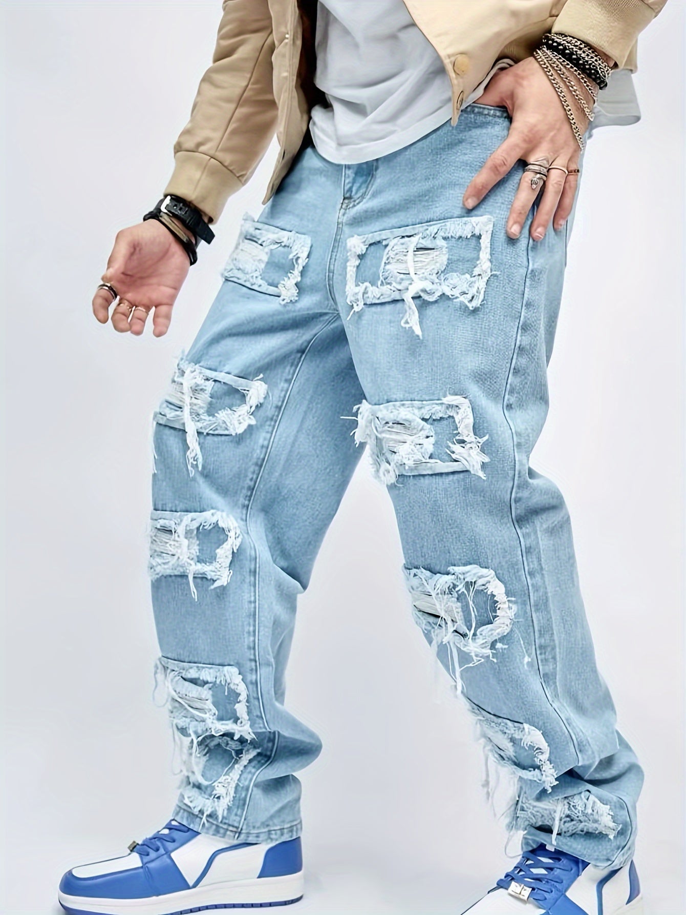 Men's Loose Fit Wide Leg Ripped Jeans, Men's Stylish Comfy Denim Pants, Street Style Fashion