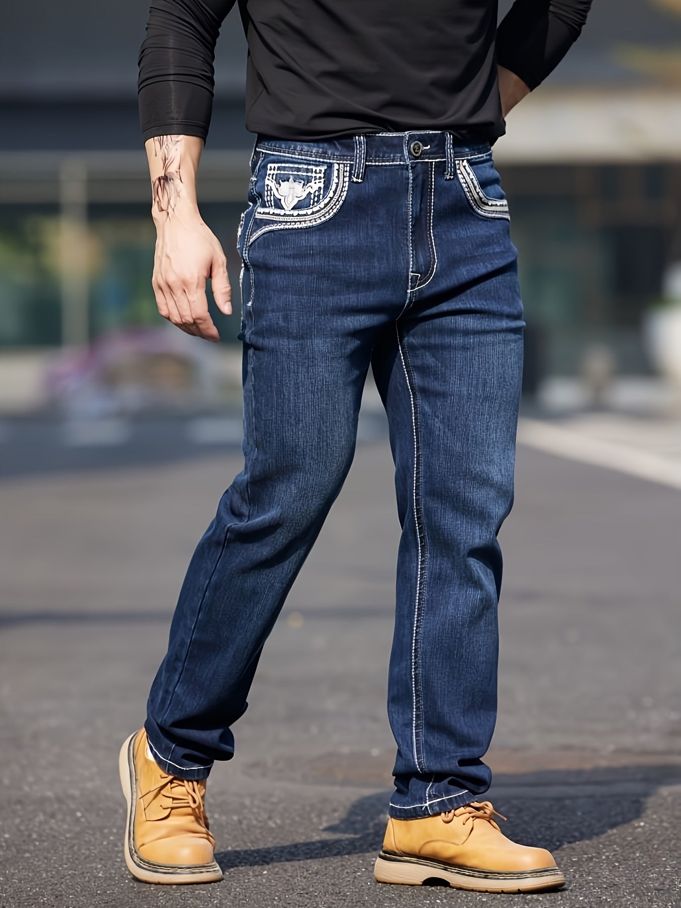 Four-Season Comfy Men's Straight Leg Embroidered Jeans - Fashion Denim Pants with Classic Design, Soft Fabric, and Relaxed Fit - Perfect for Casual Daily Wear