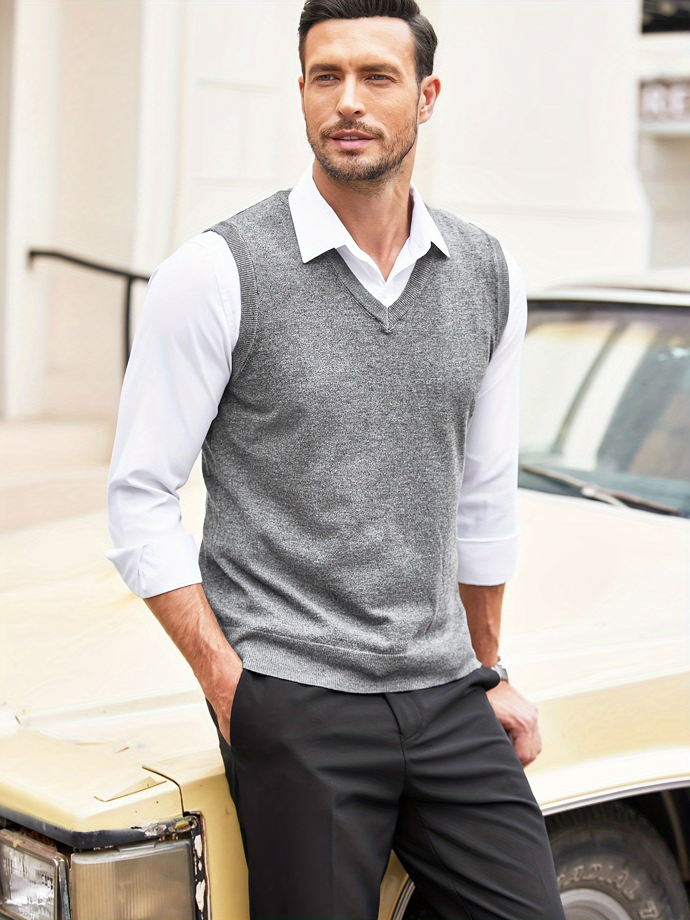 Classic Design Men's Solid Knit V-neck Sleeveless Sweater Vest, Chic And Trendy For Spring And Autumn Daily Leisurewear