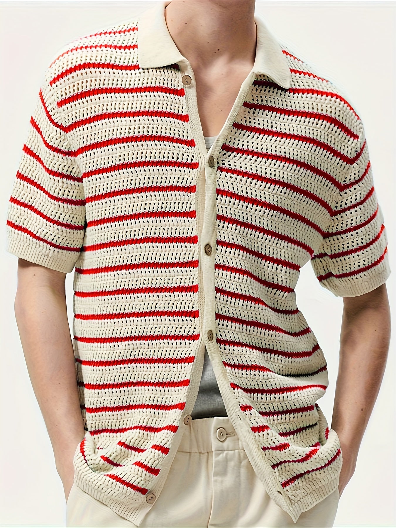 Short Sleeve Men's Knit Cardigan with Button Up and Stripes Pattern