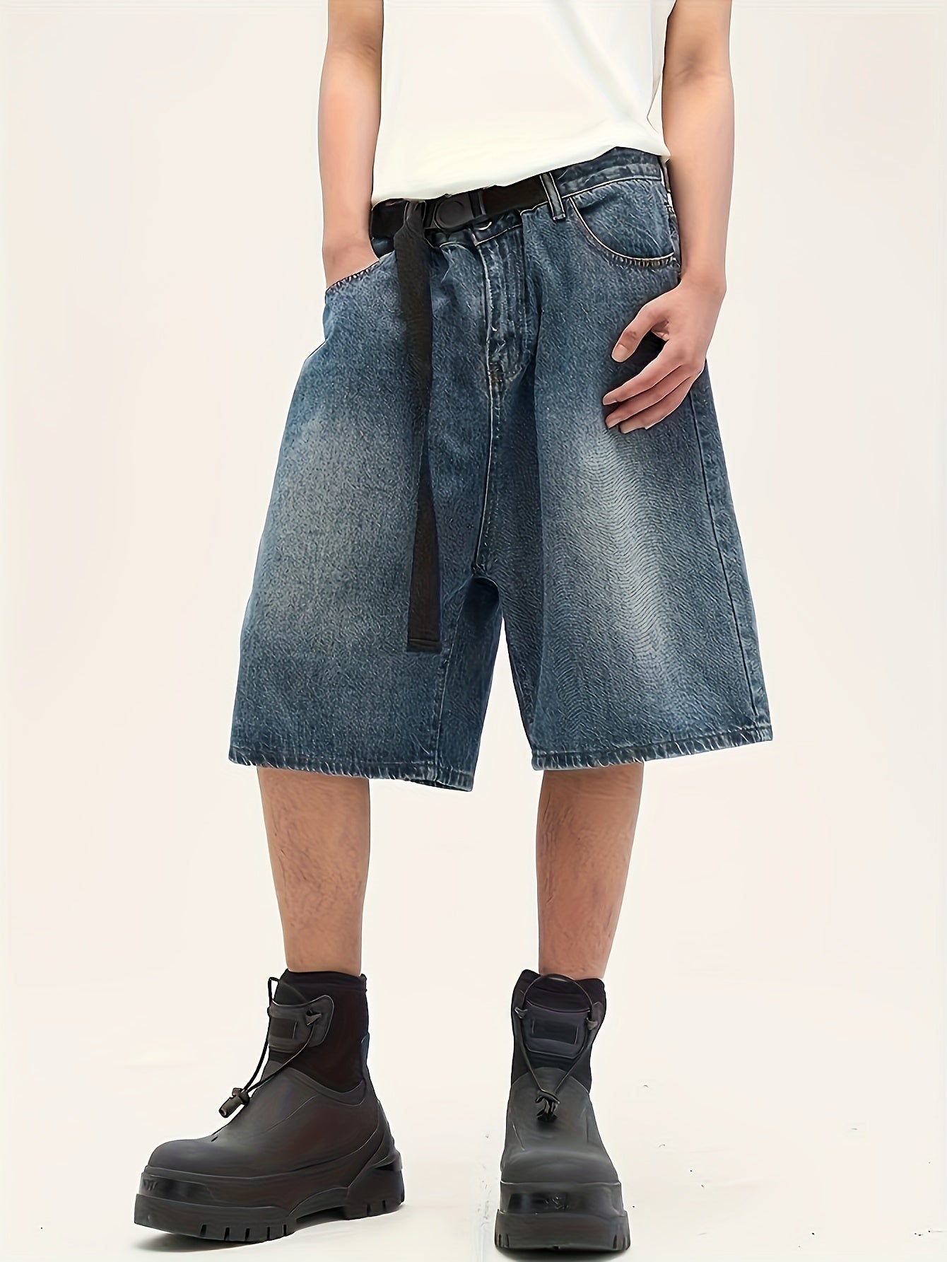 Men's Casual Loose Fit Wide Leg Denim Shorts, Knee-Length Jorts With Belt Design, Summer Street Style Fashion