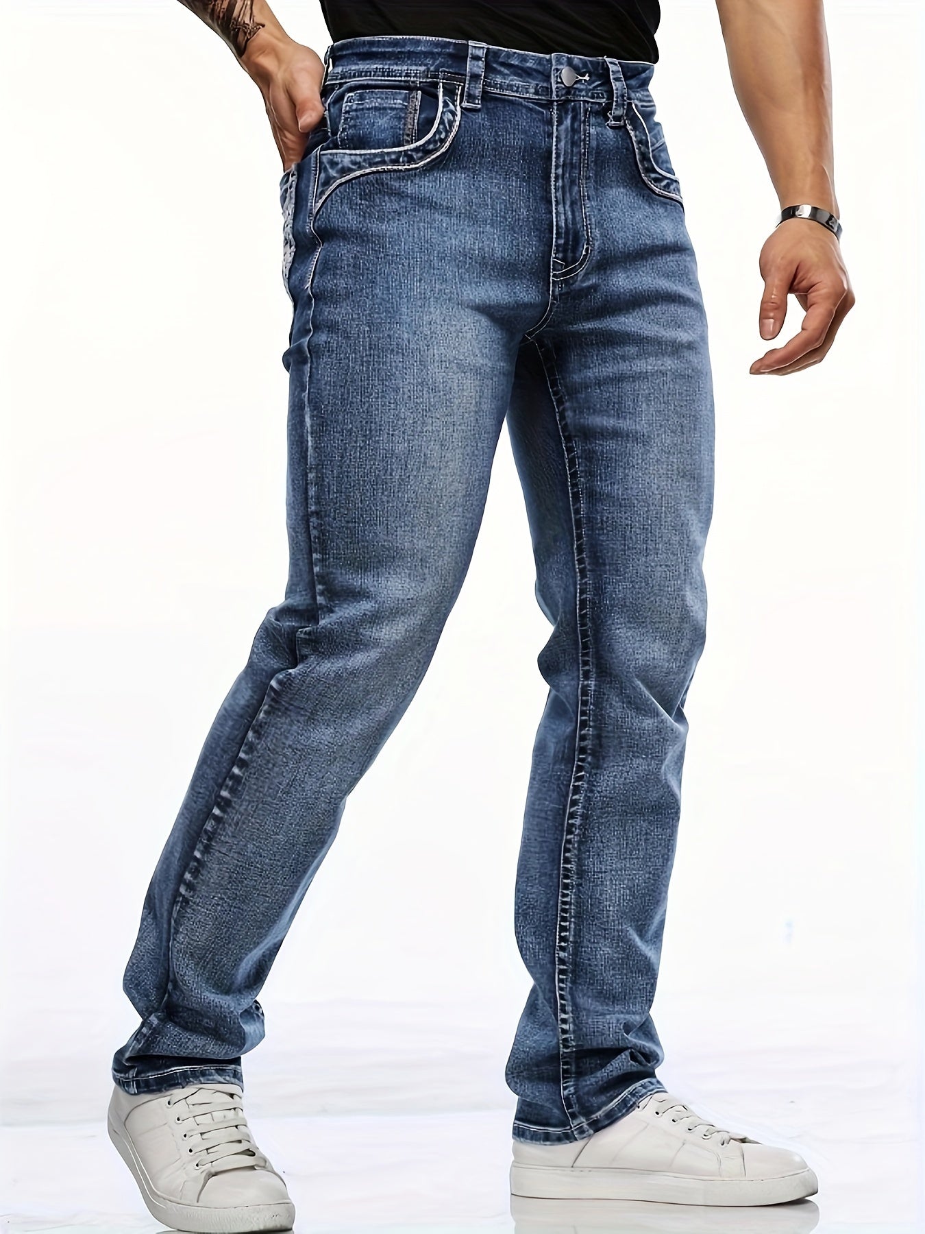 Stylish Retro Denim Pants for Men - Vintage Embroidered Design, Multiple Pockets, Casual Fashion Wear with Relaxed Fit and Soft Fabric