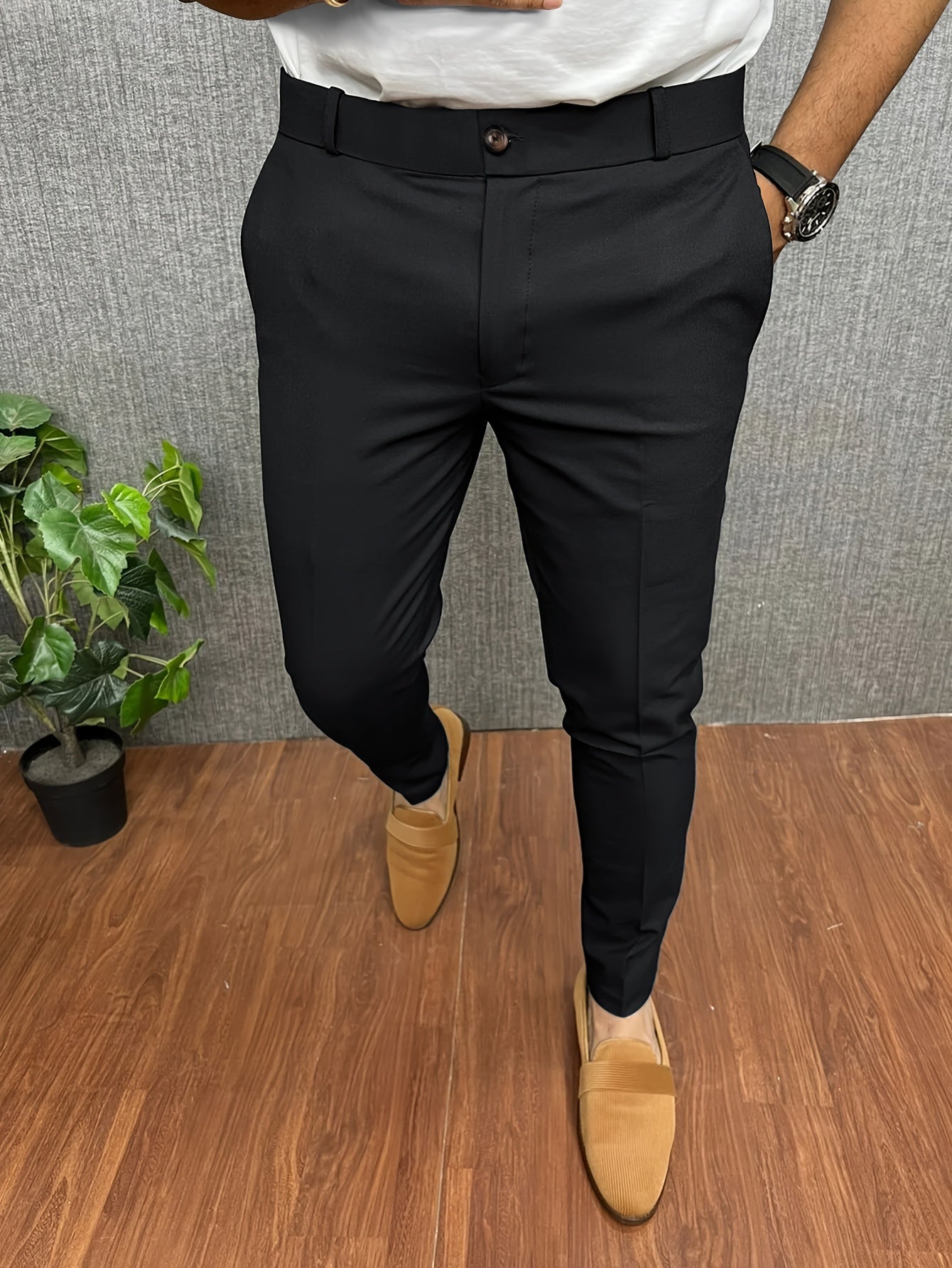 Mens Slim-Fit Elegant Slacks - Stretchy Rayon Blend Fabric, Semi-Formal Business Pants with Pockets, Button Fly Closure, Mid-Waist Design - Ideal for Mature Occasions, All-Season Wear