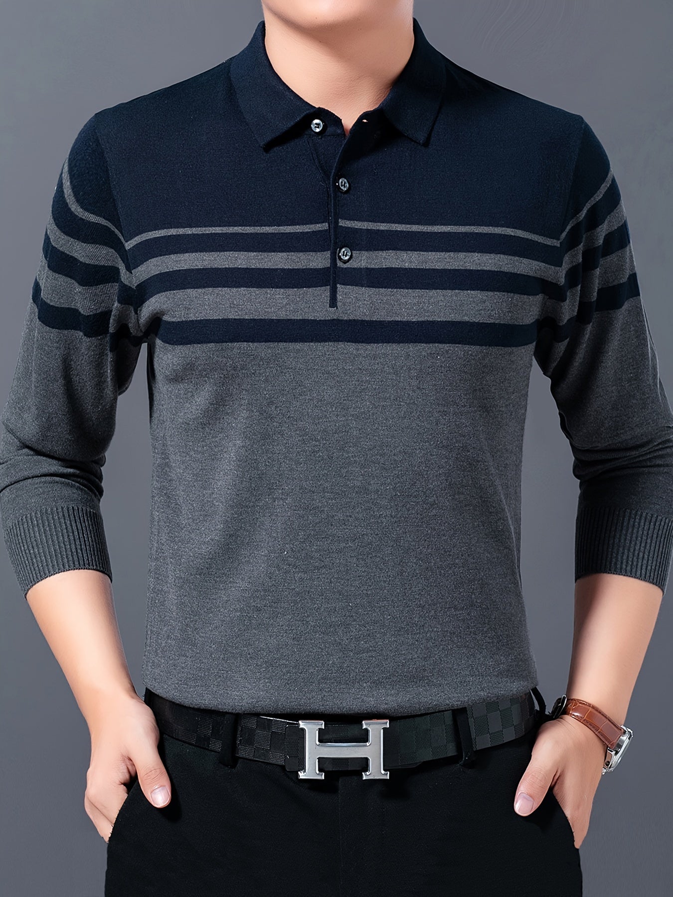 Men's Stylish Striped Sweater, Casual Mid Stretch Breathable Long Sleeve Shirt Top For City Walk Street Hanging