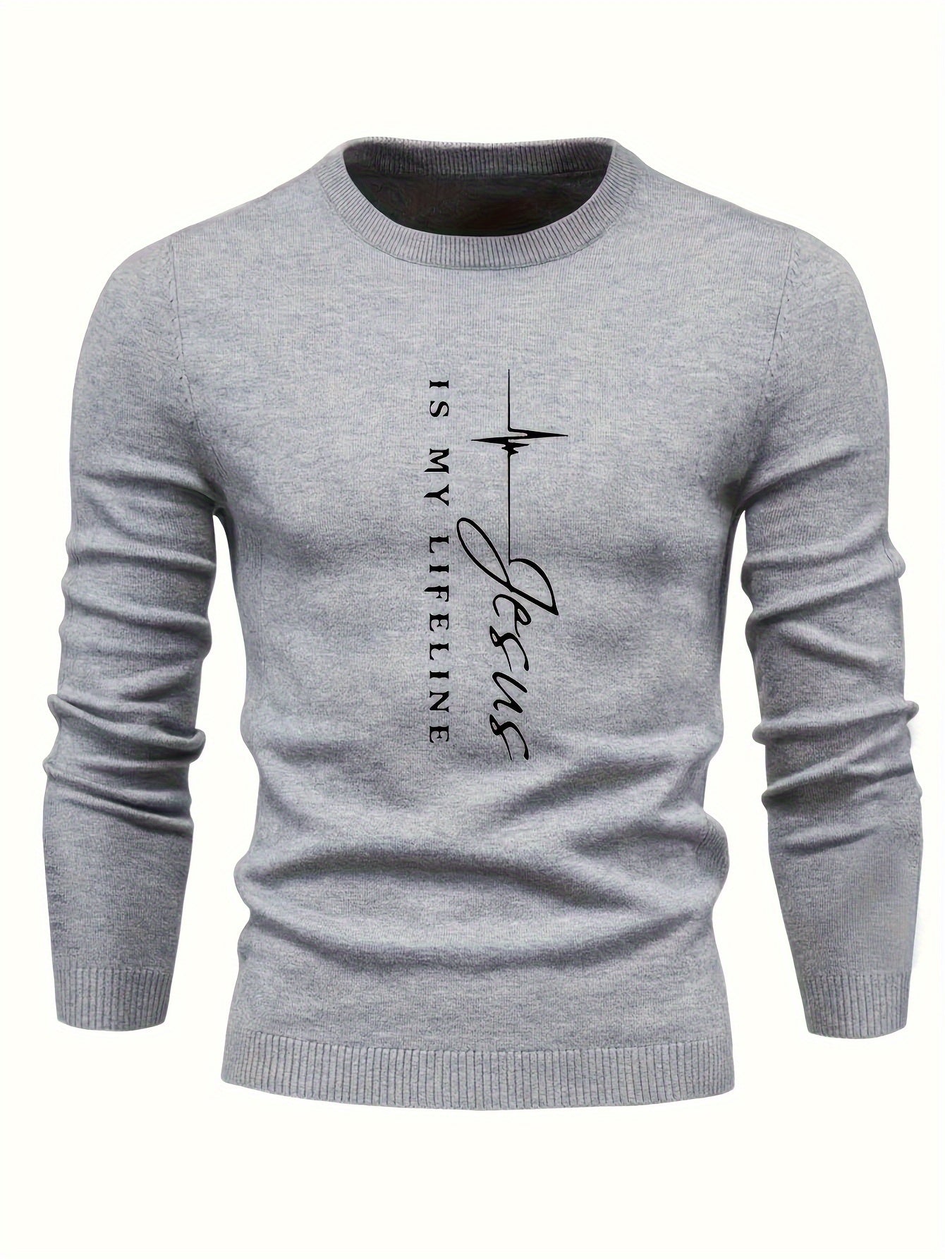 Christian Themed Letter Print Men's Casual Stretch Long Sleeve Knitted Round Neck Sweater, Spring Fall Pullover Top