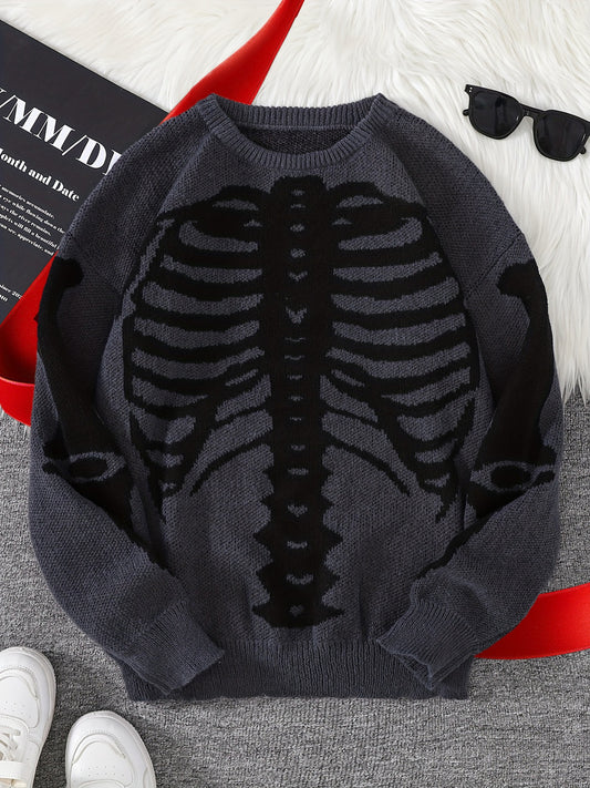 Stylish Skeleton Knit Sweater - Soft, Breathable, Round Neck, Long Sleeve Pullover with Unique Jacquard Design for Men - Perfect for Fall and Winter Seasons