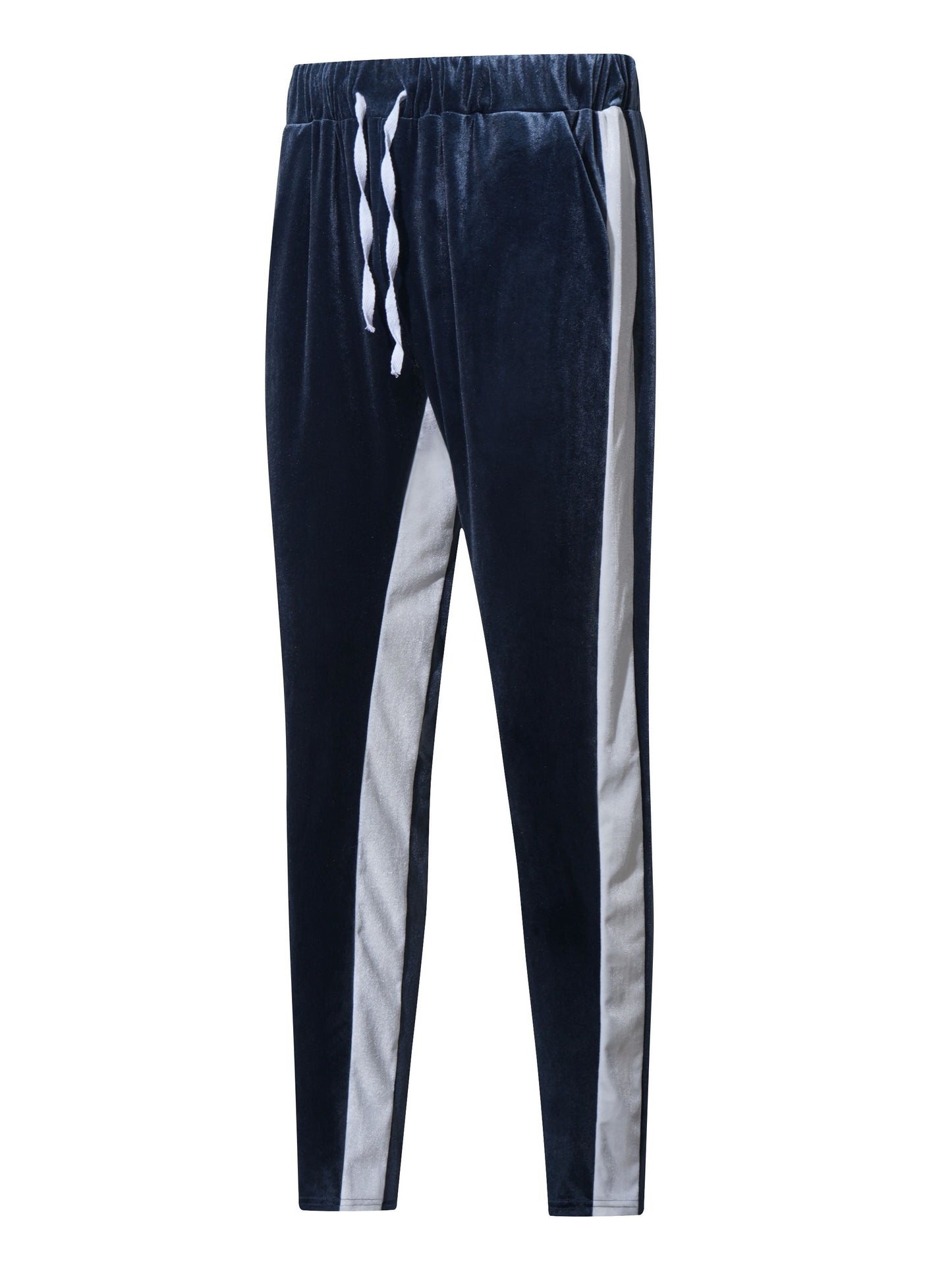 Men's Velvet Track Pants with Side Pockets - Color Block Polyester, Casual Style, Knit Fabric with Slight Stretch, Regular Fit