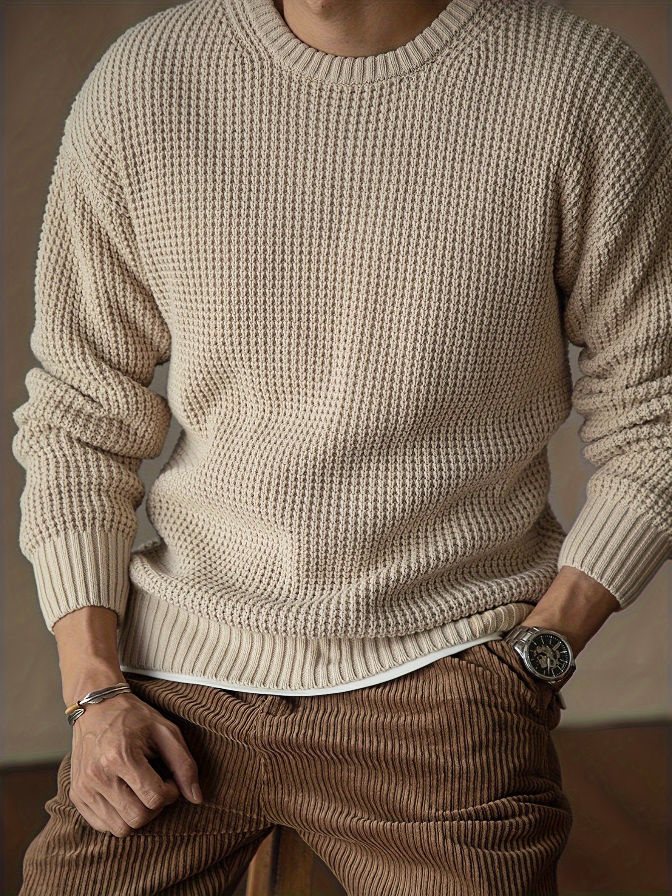 Men's Solid Knitted Pullover, Casual Long Sleeve Crew Neck Sweater For Fall Winter