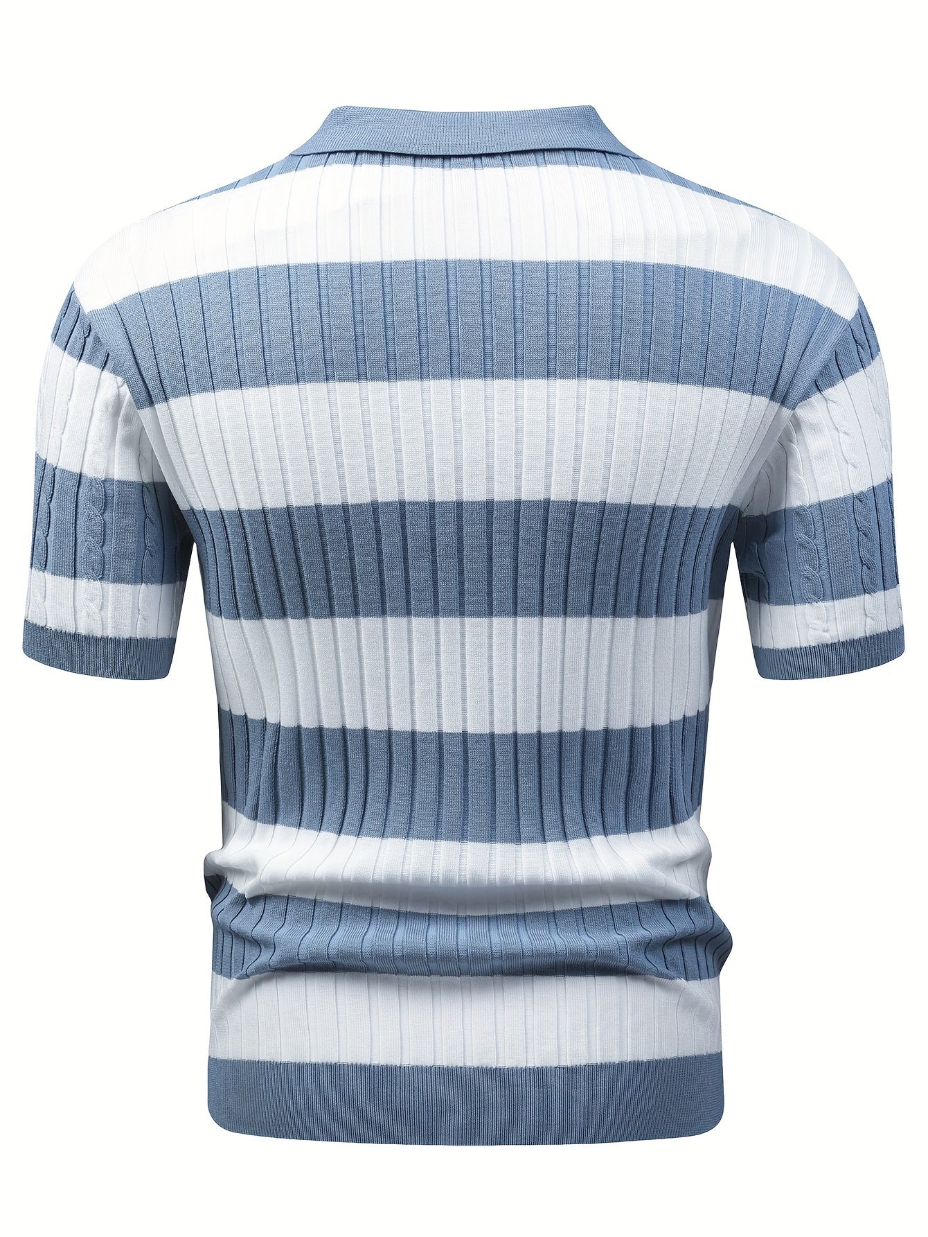 Men's Blue White Stripe Color Block Short Sleeve V Neck Lapel Shirt For Summer Daily