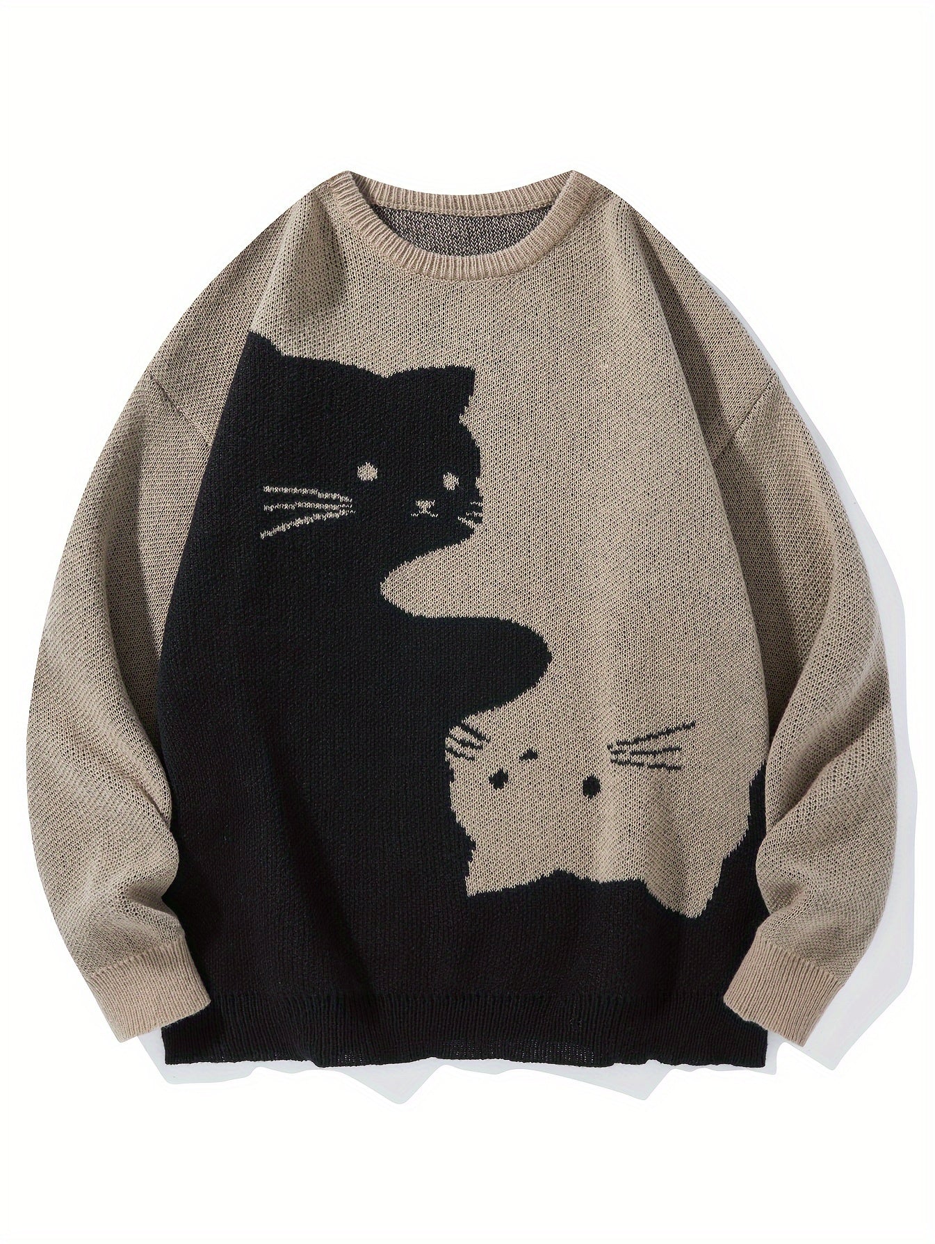 1pc Preppy Style Unisex Crew Neck Sweater, Asymmetrical Cat Pattern Knit Pullover, Polyester Long Sleeve Top with Slight Stretch, Casual College Fashion for Fall/Winter