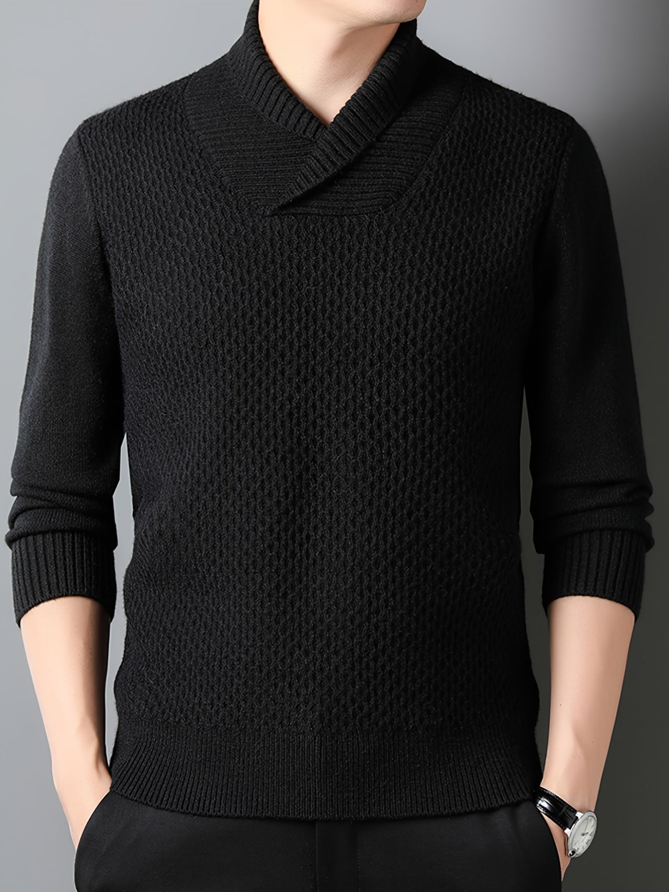 Men's Solid Knitted Pullover, Casual Long Sleeve Lapel Sweater For Fall Winter