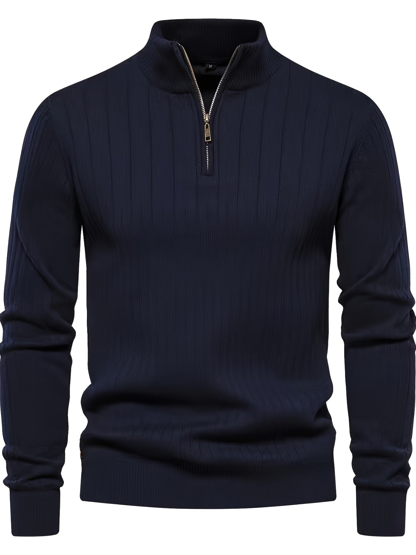 Men's Casual Zip-Up Stand Collar Sweater - Solid Color, Stretch Knit Pullover for Fall/Winter