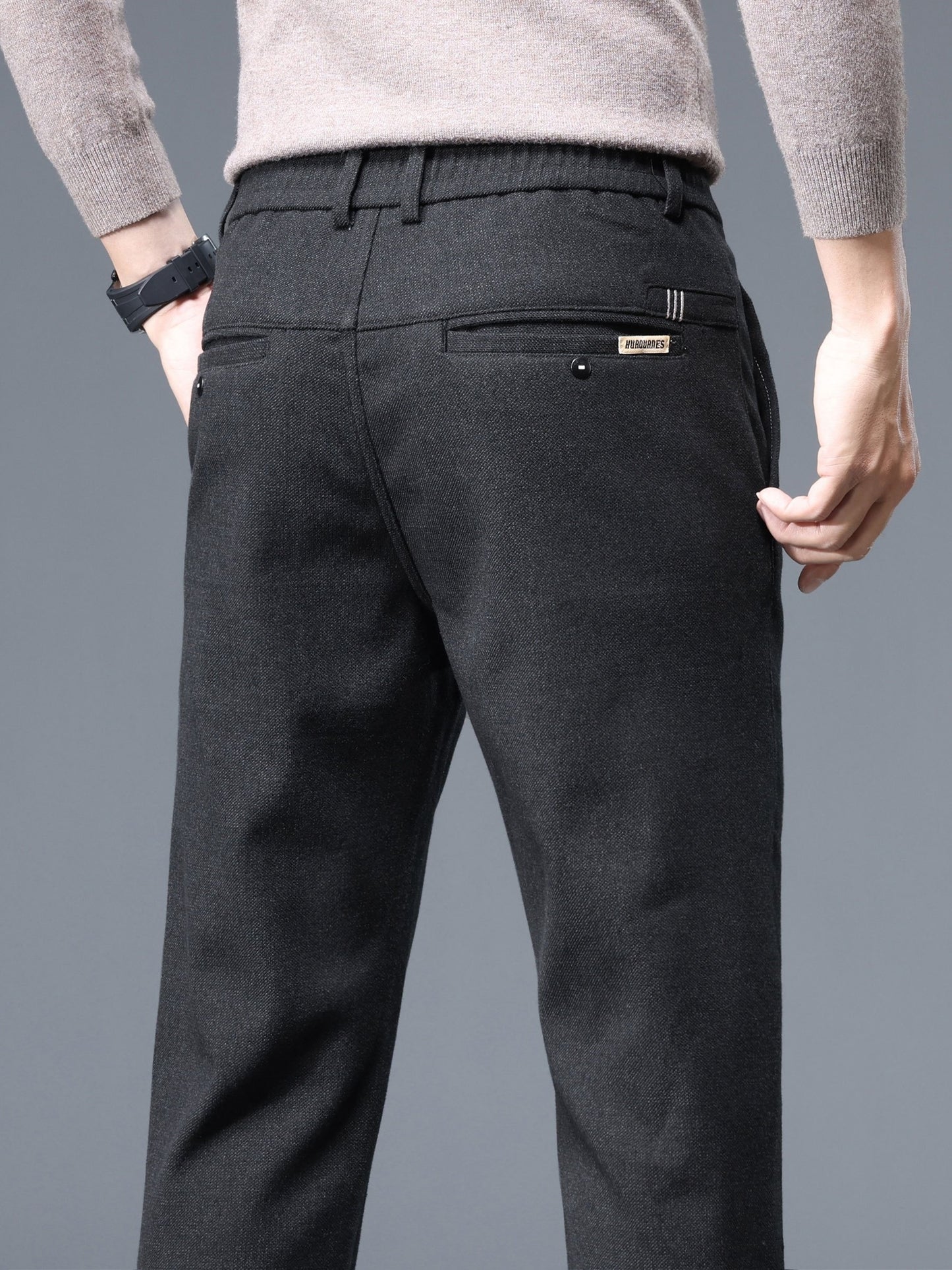 Men's Thermal Padded Slim Fit Trousers, Winter Woolen Men's Pants, Korean Style Business Casual, Polyester Blend, Regular Length, Zipper Closure, Straight Leg, Mid-Waist, Embroidery Detail