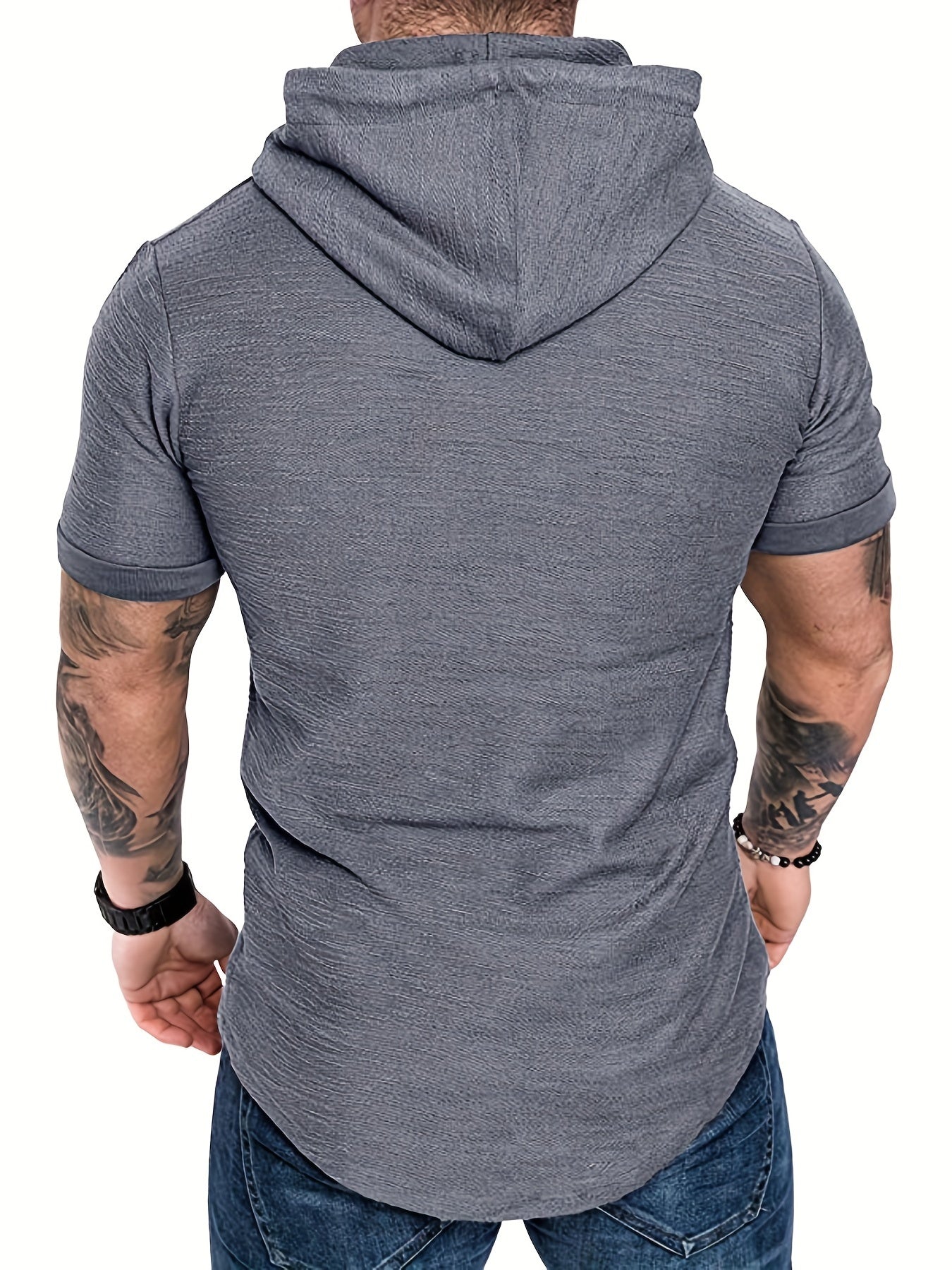 Comfort-Fit Men's Short Sleeve Hoodie - Breathable Knit, Solid Color, Durable & Easy-Care Sports T-shirt