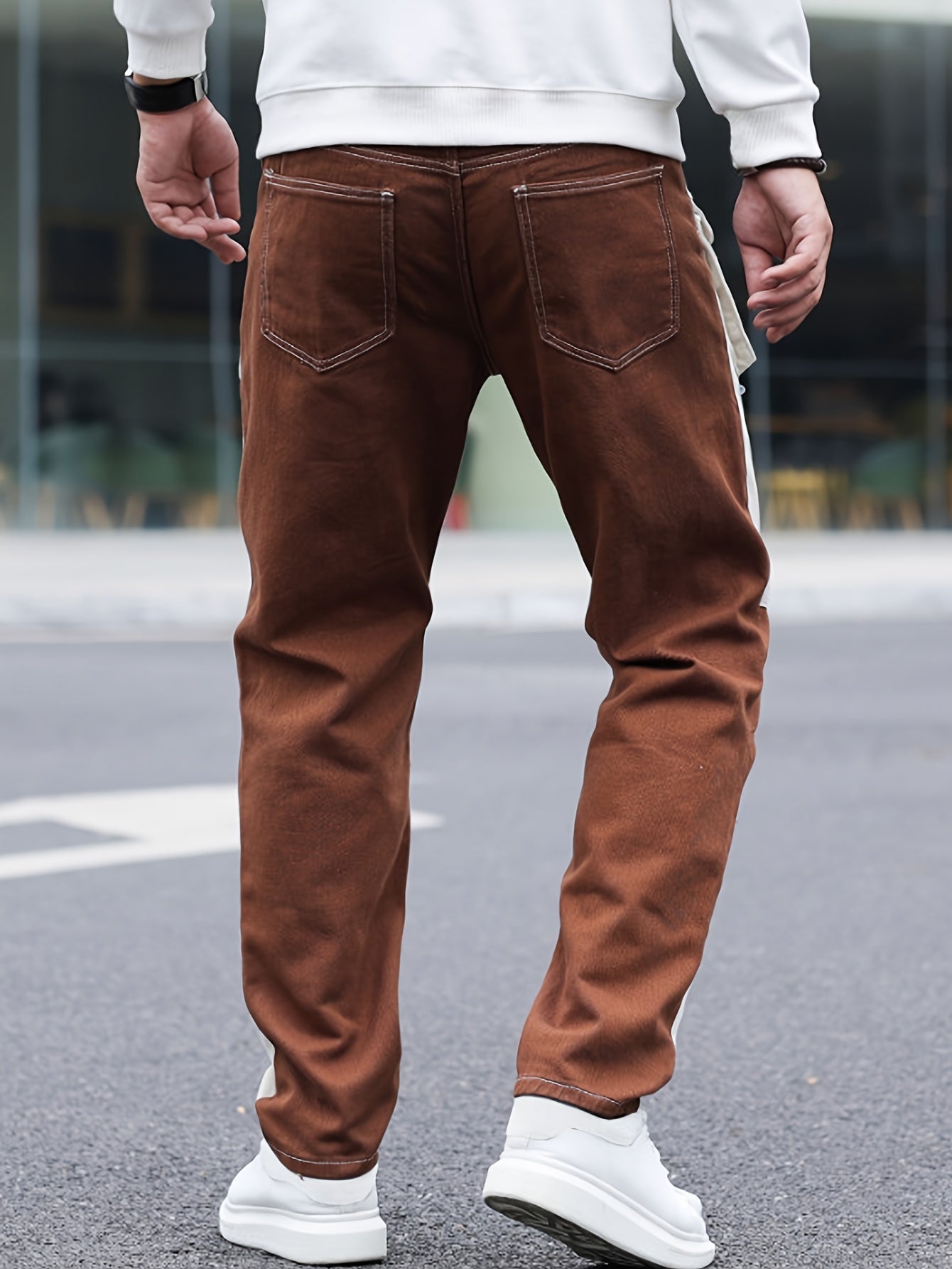 Men's Straight Leg Color Block Jeans, Fashion Multi-Pocket Denim Pants For Men, Four-Season Wear