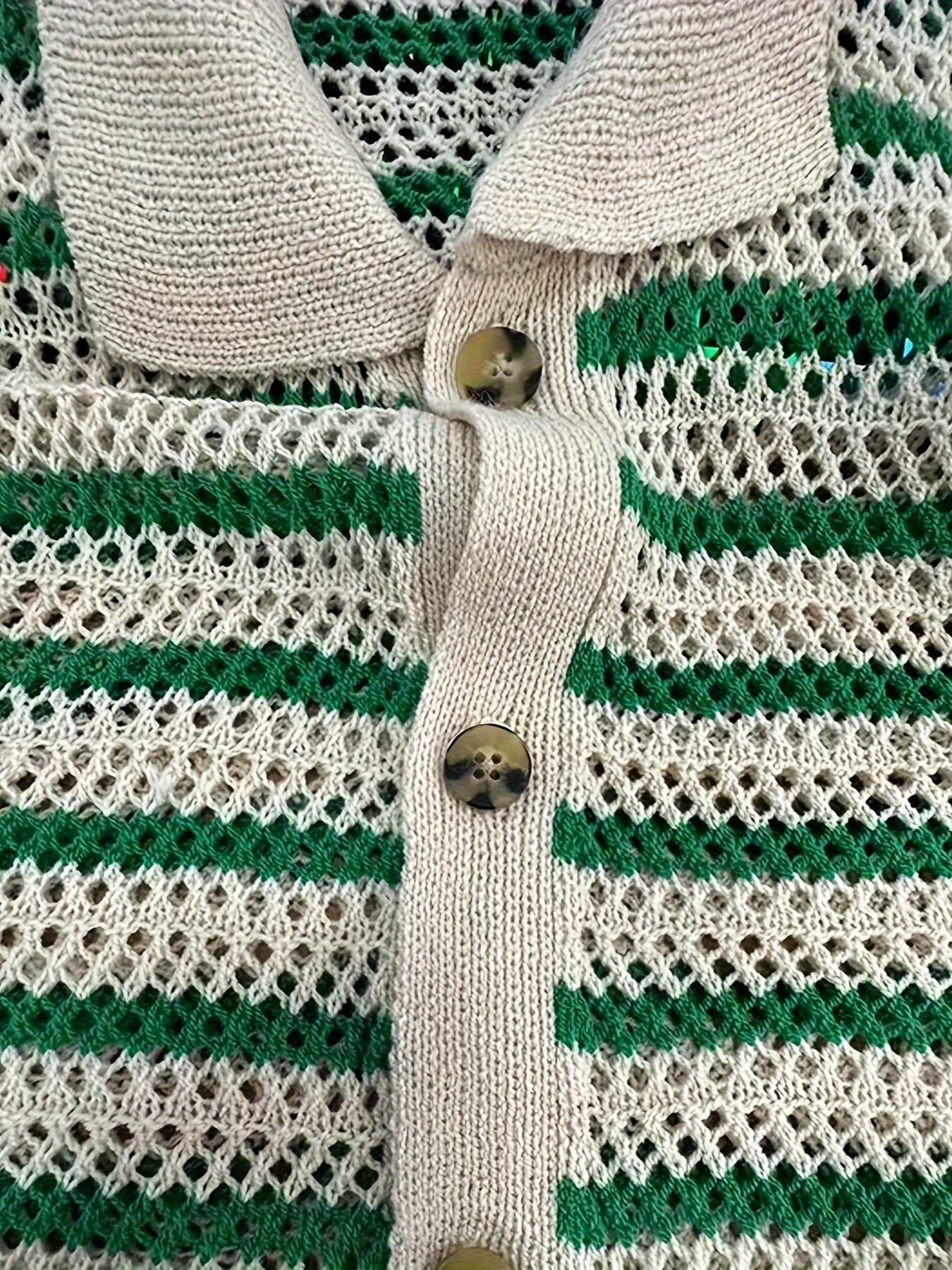 Short Sleeve Men's Knit Cardigan with Button Up and Stripes Pattern