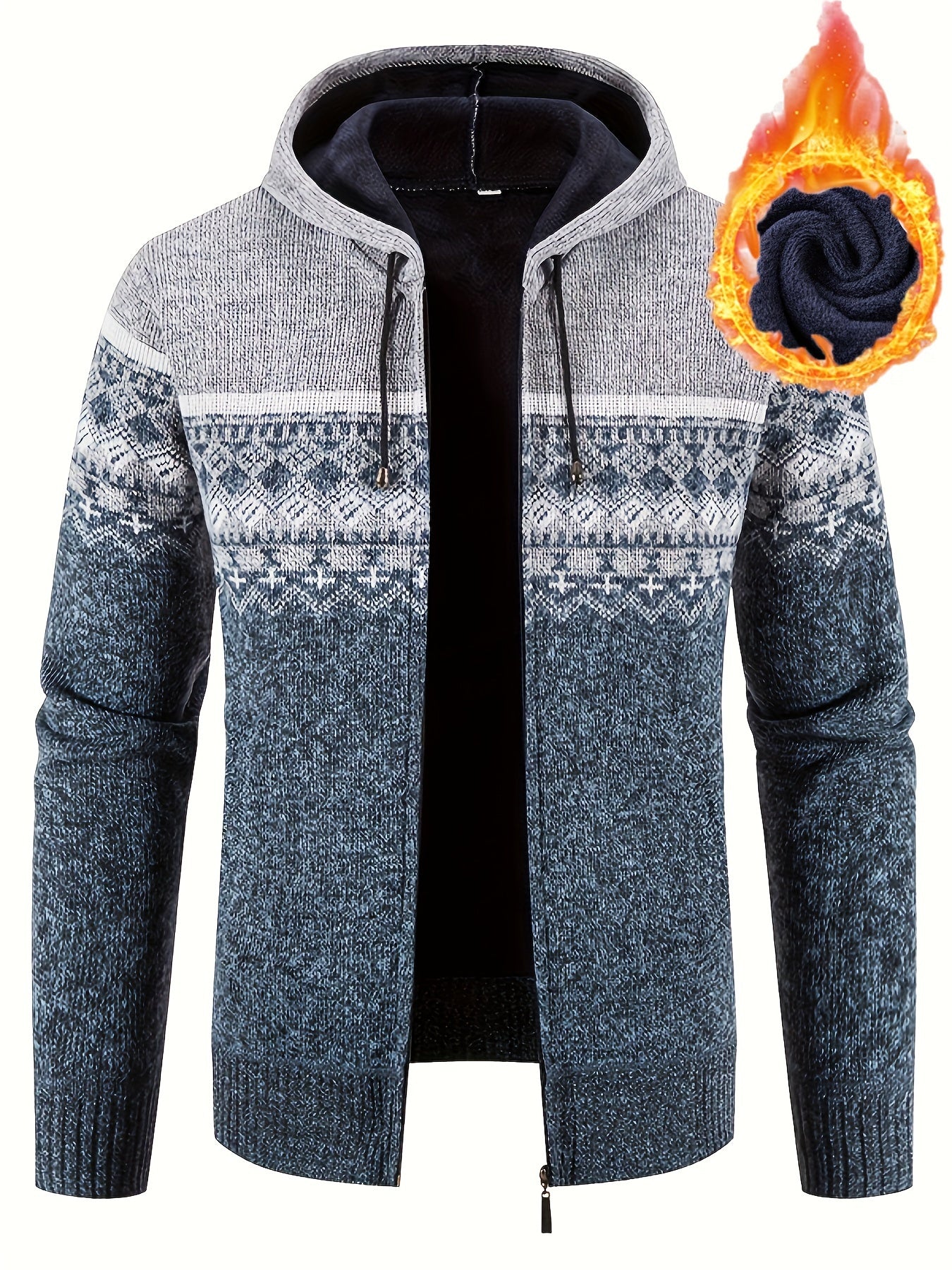 All Match Knitted Color Block Design Hooded Cardigan, Men's Casual Warm Slightly Stretch Zip Up Jacket For Fall Winter