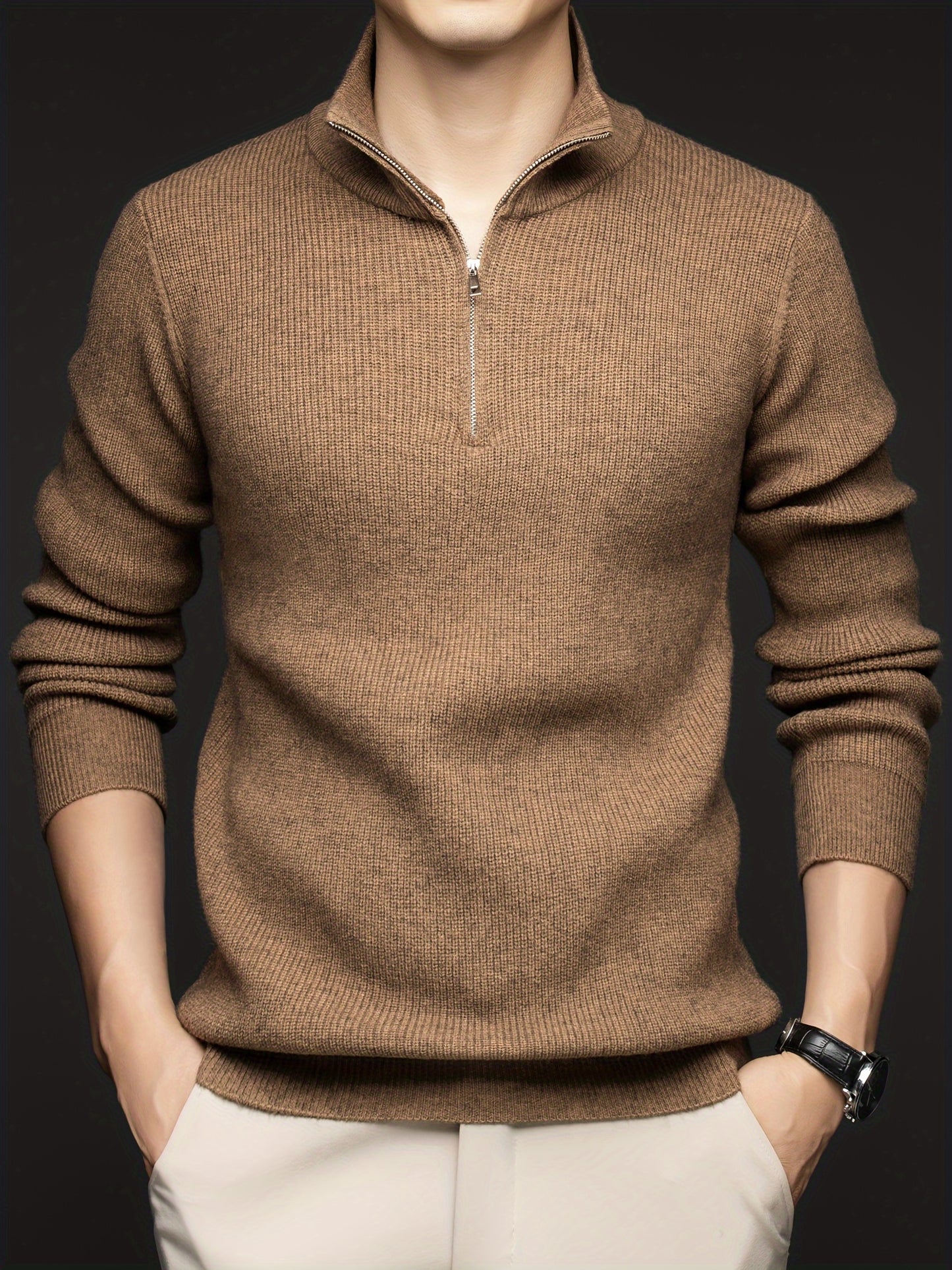 Long Sleeve Men's Solid Knitted Turtle Neck Half Zipper Casual Pullover Sweater For Fall Winter