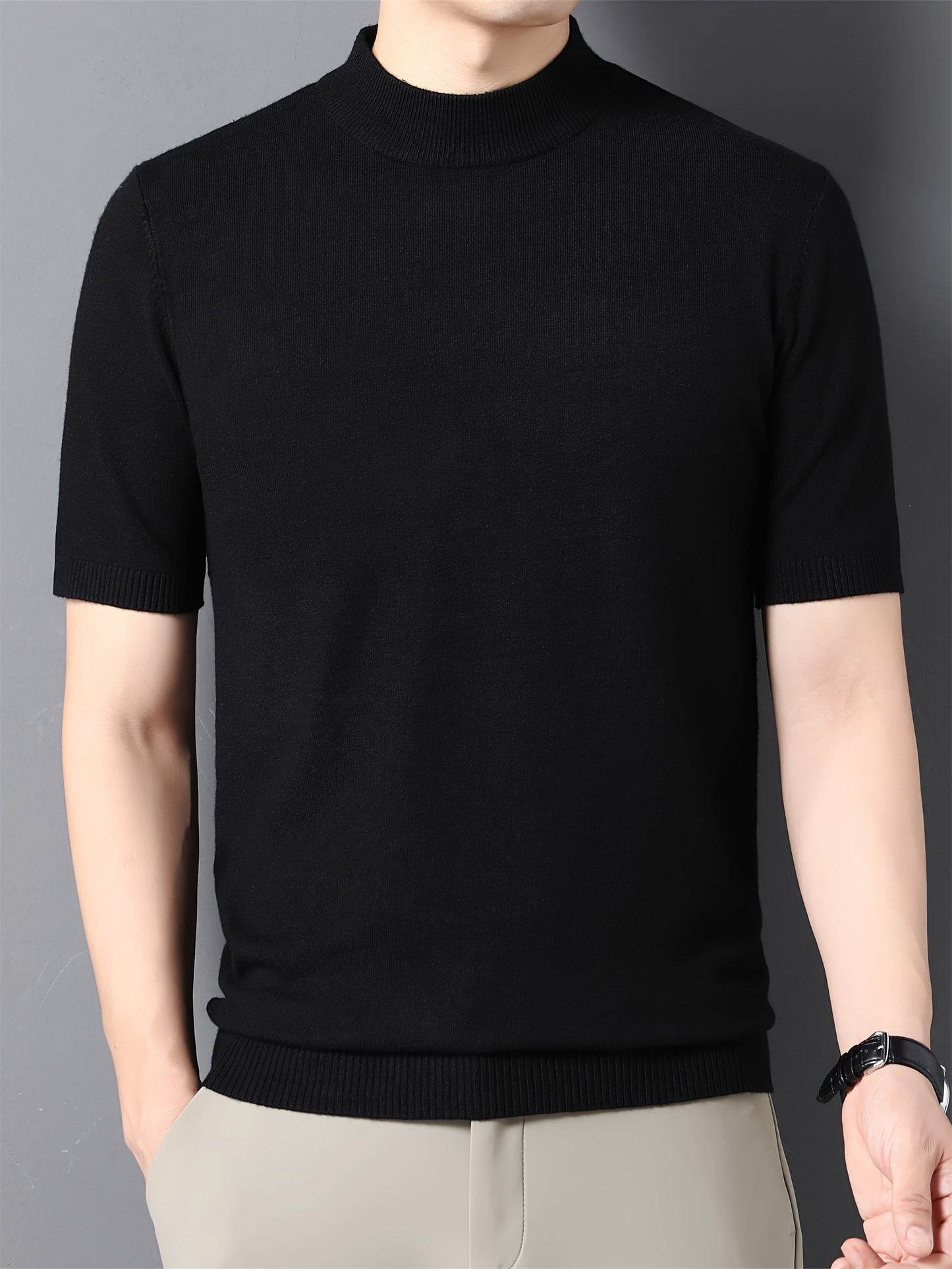 Men's Stylish Solid Knitted Pullover, Casual Breathable Short Sleeve Mock Neck Top For City Walk Street Hanging Outdoor Activities