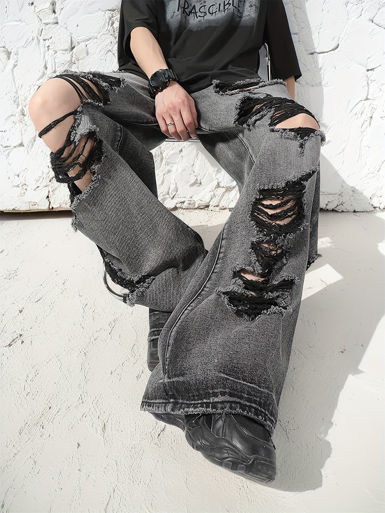 Men's Street Style Wide Leg Ripped Denim Pants, Fashion Jeans, Cotton Trousers For Males