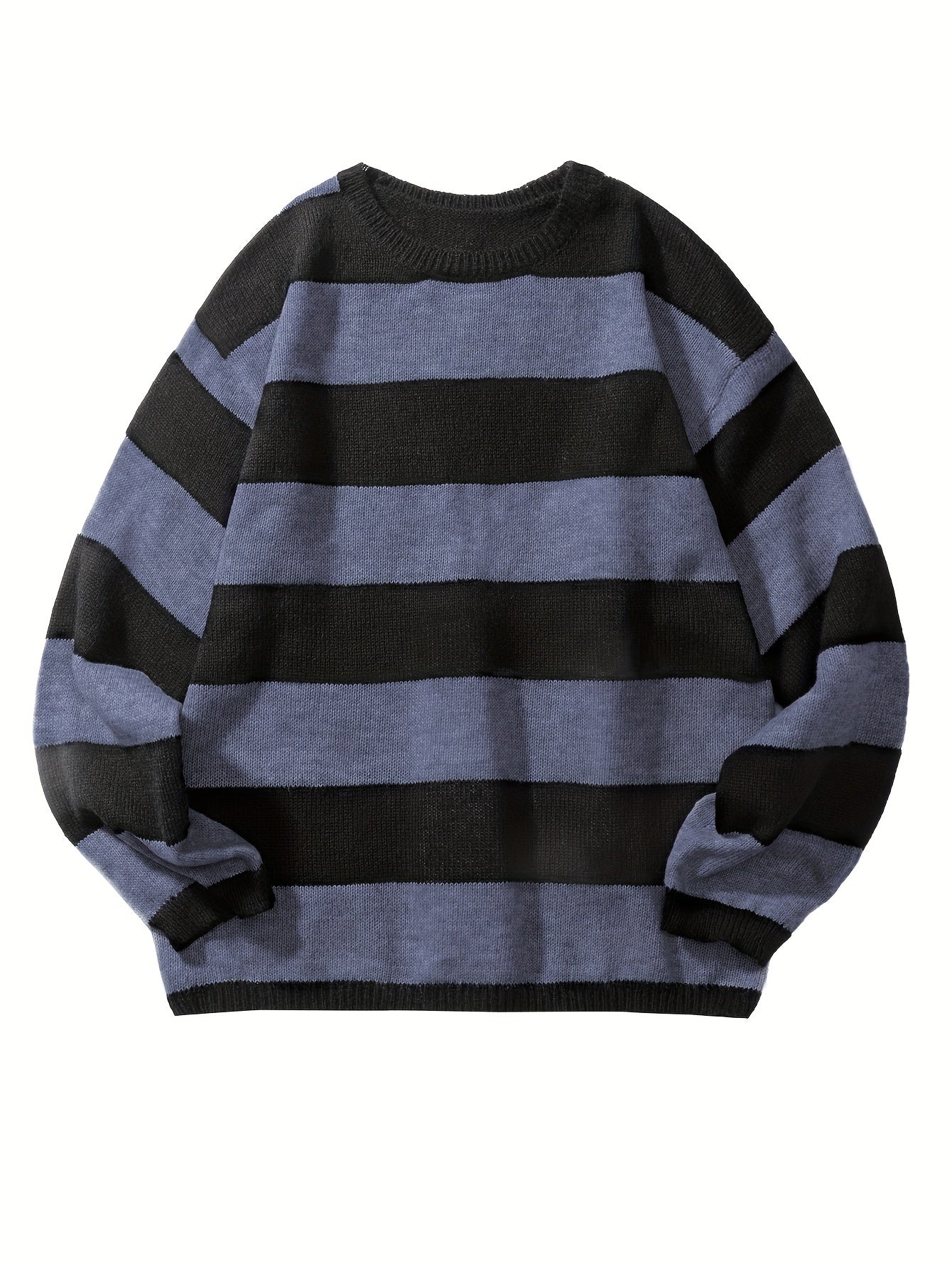 Preppy Retro Striped Pattern Knitted Sweater, Men's Casual Warm Slightly Stretch Crew Neck Pullover Sweater For Men Fall Winter, K-pop