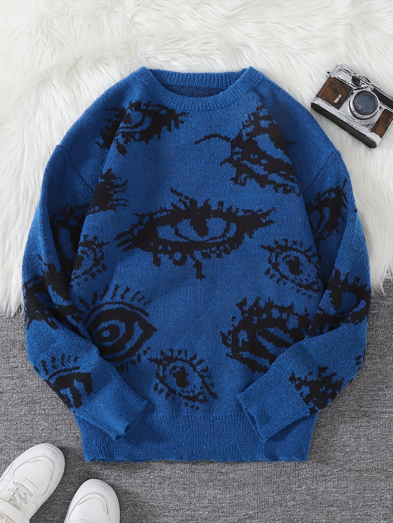 Men's Novelty Eyes Graphic Design Fall/Winter Sweater, Casual Round Neck Long Sleeve Knit Pullover Tops