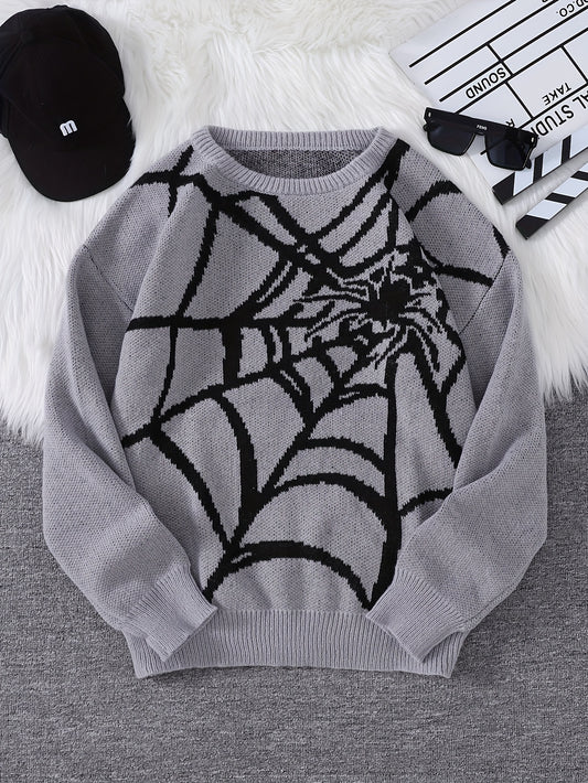 Stylish Spider Web Pattern Crew Neck Sweater - Men's Long Sleeve Knitted Pullover Top for Casual Daily Wear, Spring Autumn and Winter - Soft, Warm, and Comfortable