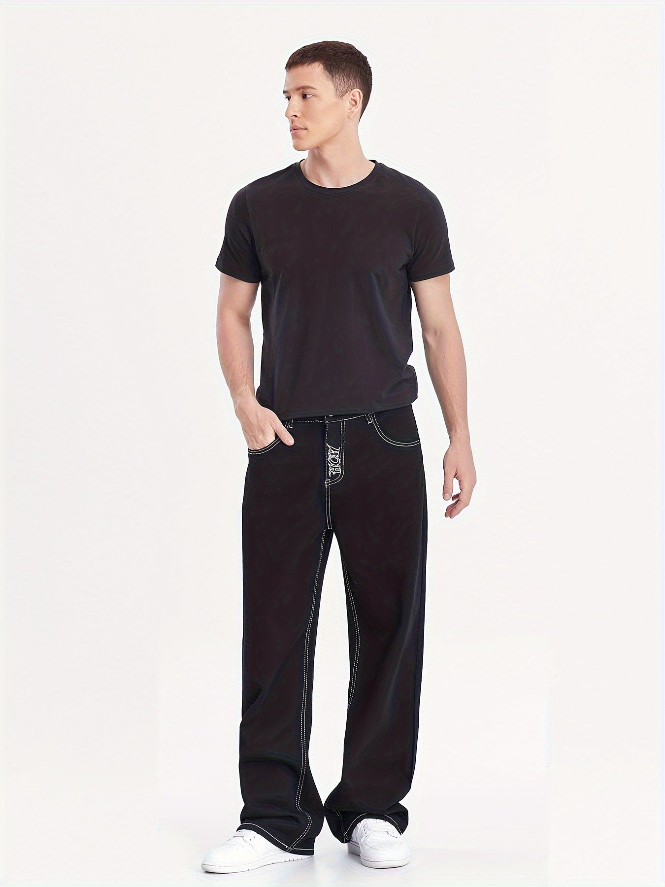 Mens Skeleton Embroidered Jeans - Cotton Blend, Ultra-Loose & Baggy, Pockets, Street Chic Style - A Fashionable Gift for Him