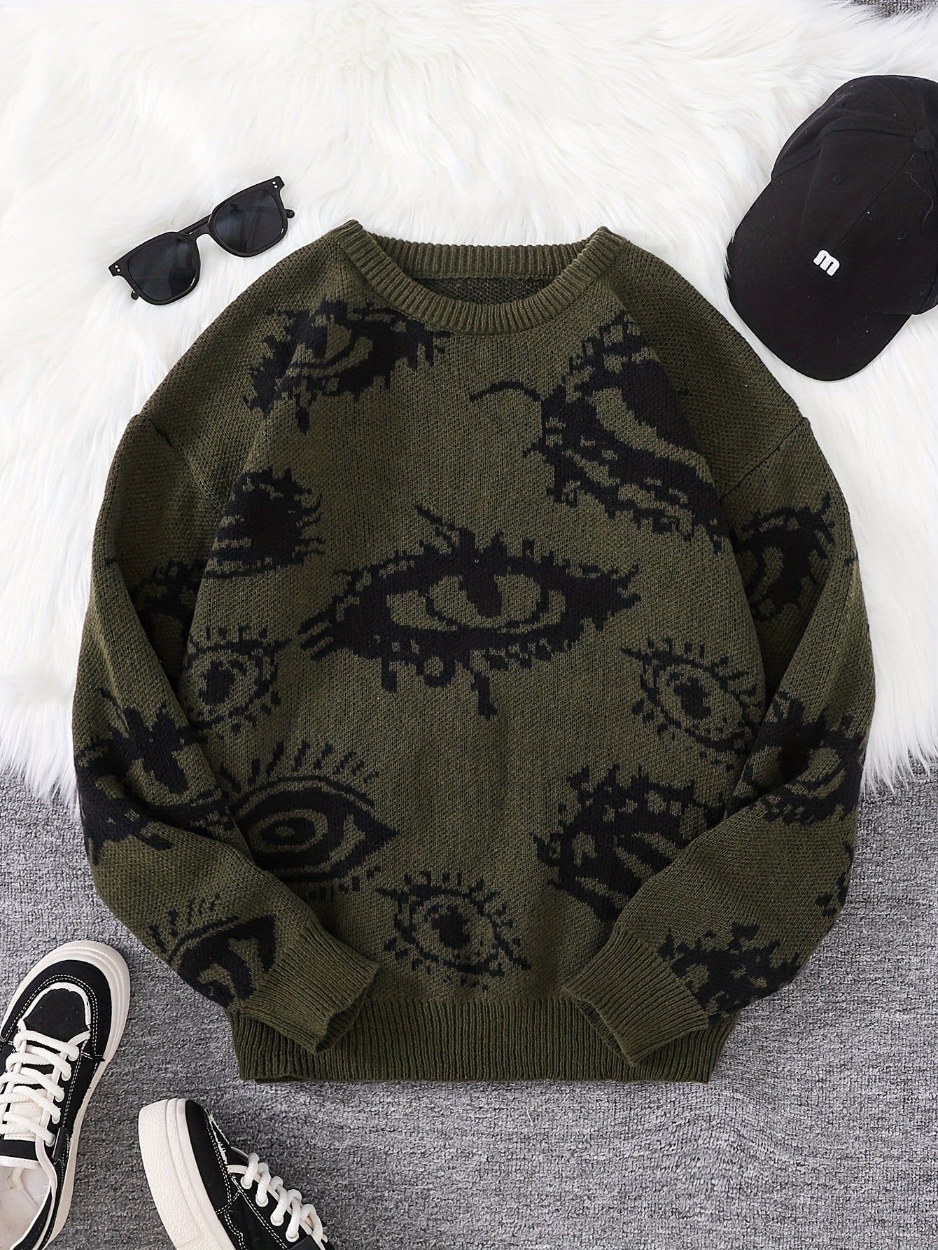 Men's Novelty Eyes Graphic Design Fall/Winter Sweater, Casual Round Neck Long Sleeve Knit Pullover Tops