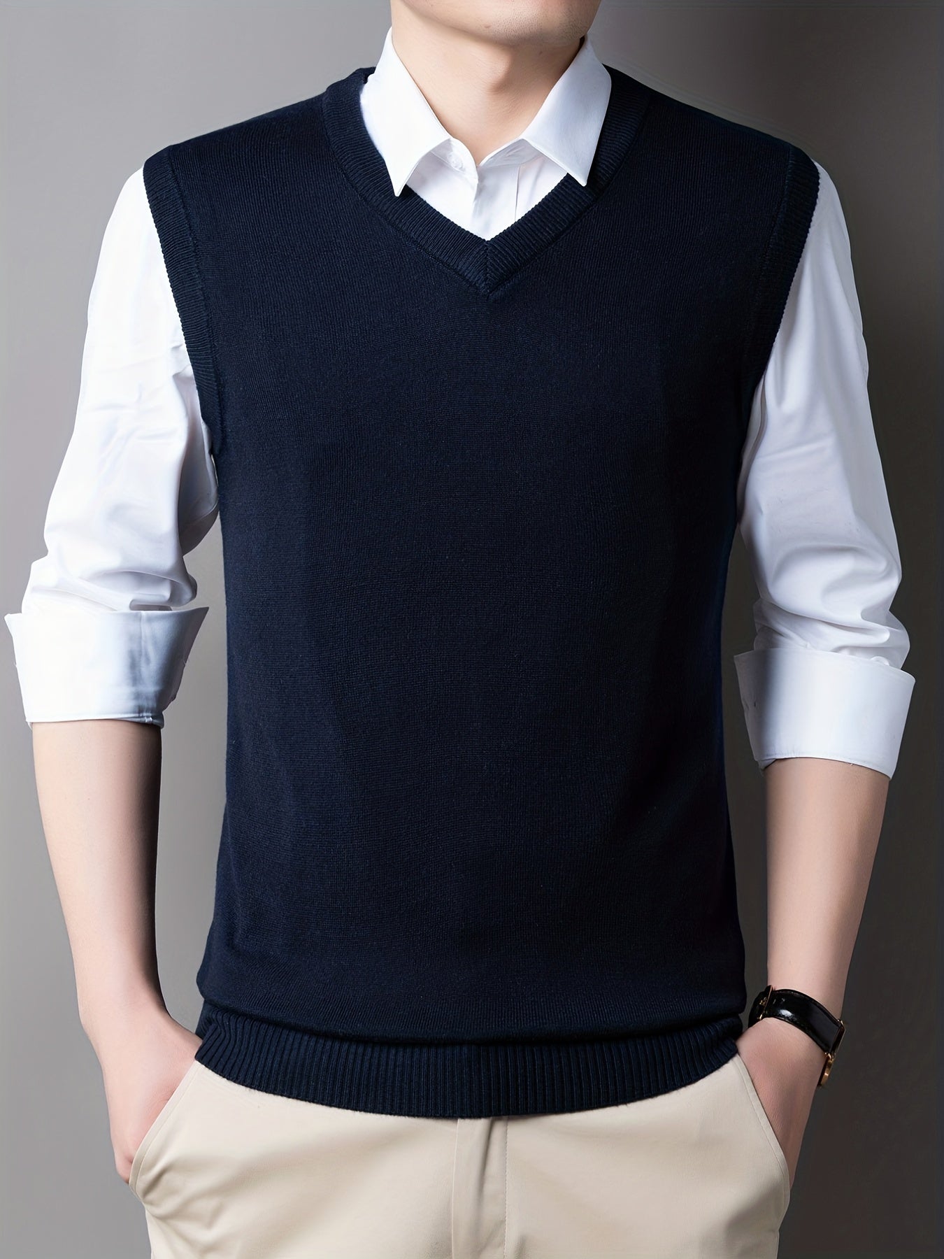 Casual Knitted Pullover, V-neck Sleeveless Thermal Jacket, Wool Vest, Men's Tank Top For Autumn And Winter