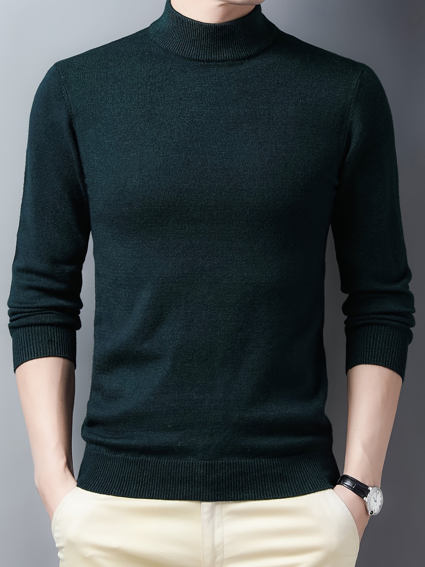 Men's Trendy Solid Knitted Pullover, Casual Mid Stretch Breathable Turtleneck Base Layer For Outdoor Fall Winter