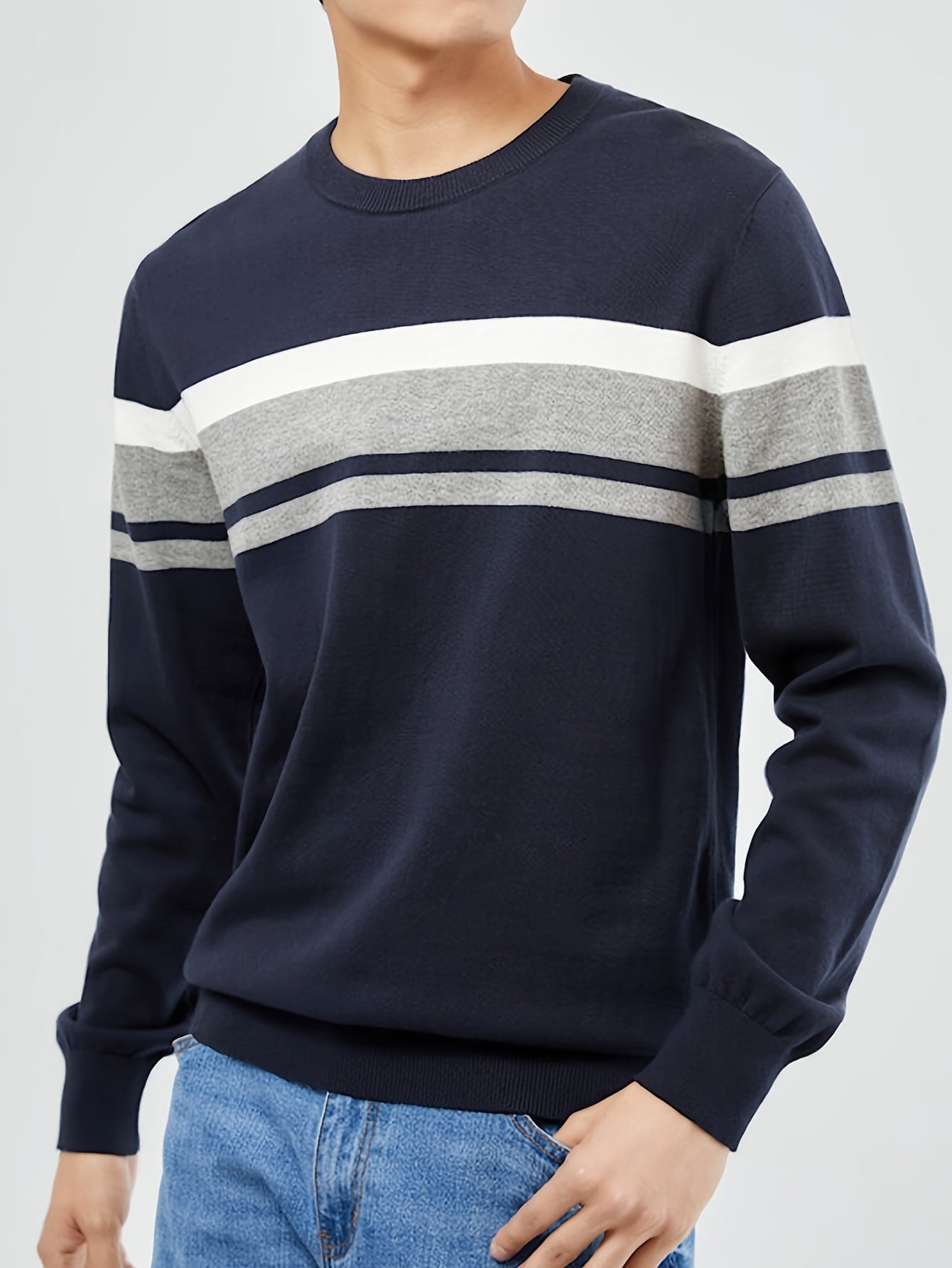 Cozy Striped Knit Pullover Sweater - Men's Casual Long Sleeve Slim-Fit Crew Neck Sweater for Fall and Winter - Soft, Warm, and Breathable Fashion Essential