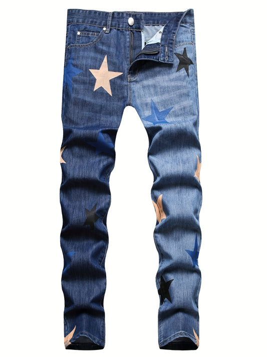 Men's Slim Fit Jeans, Fashion Star Pattern Print, Street Style Fashion Denim Pants For All Seasons